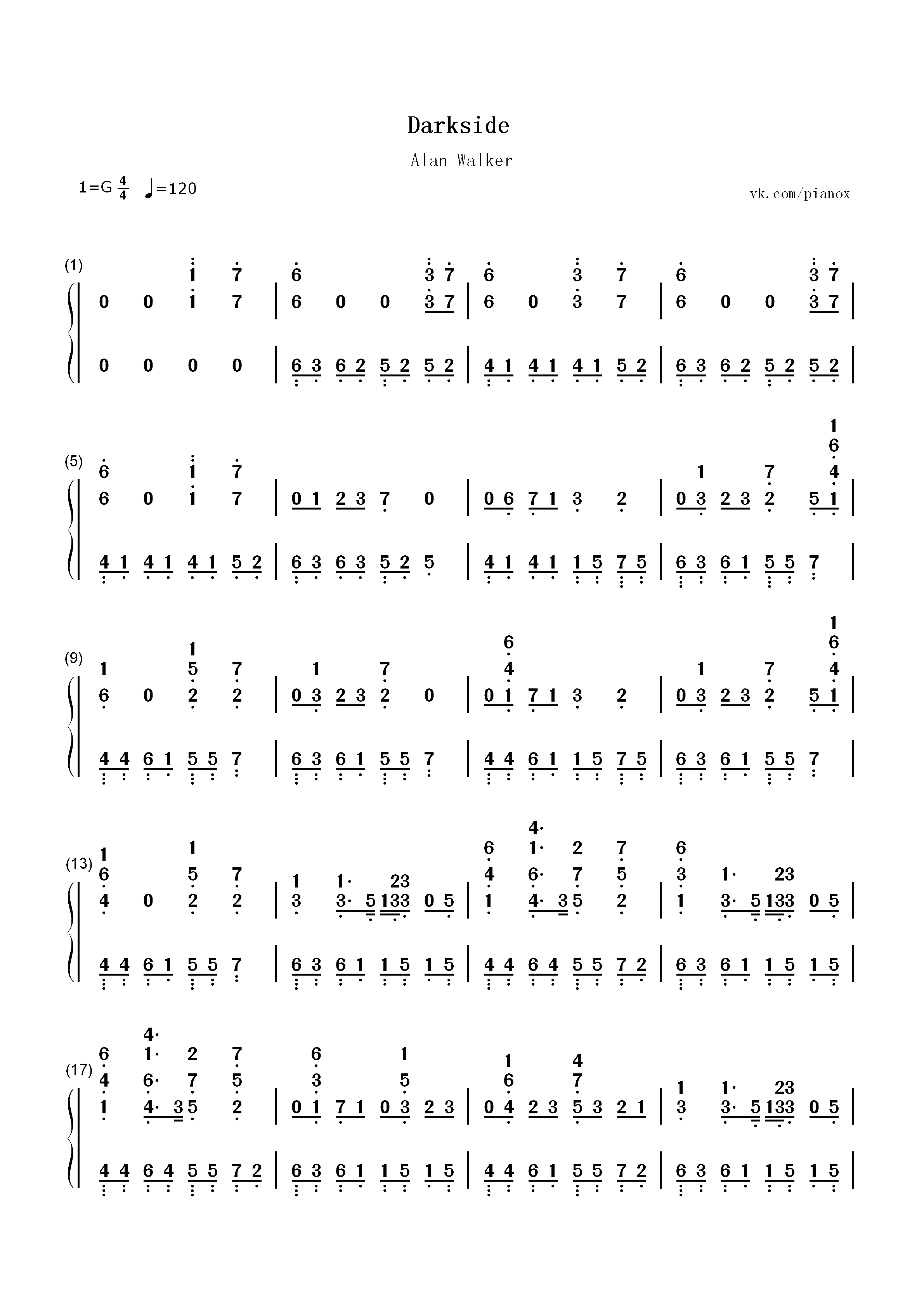 Darkside-Alan Walker双手简谱预览1