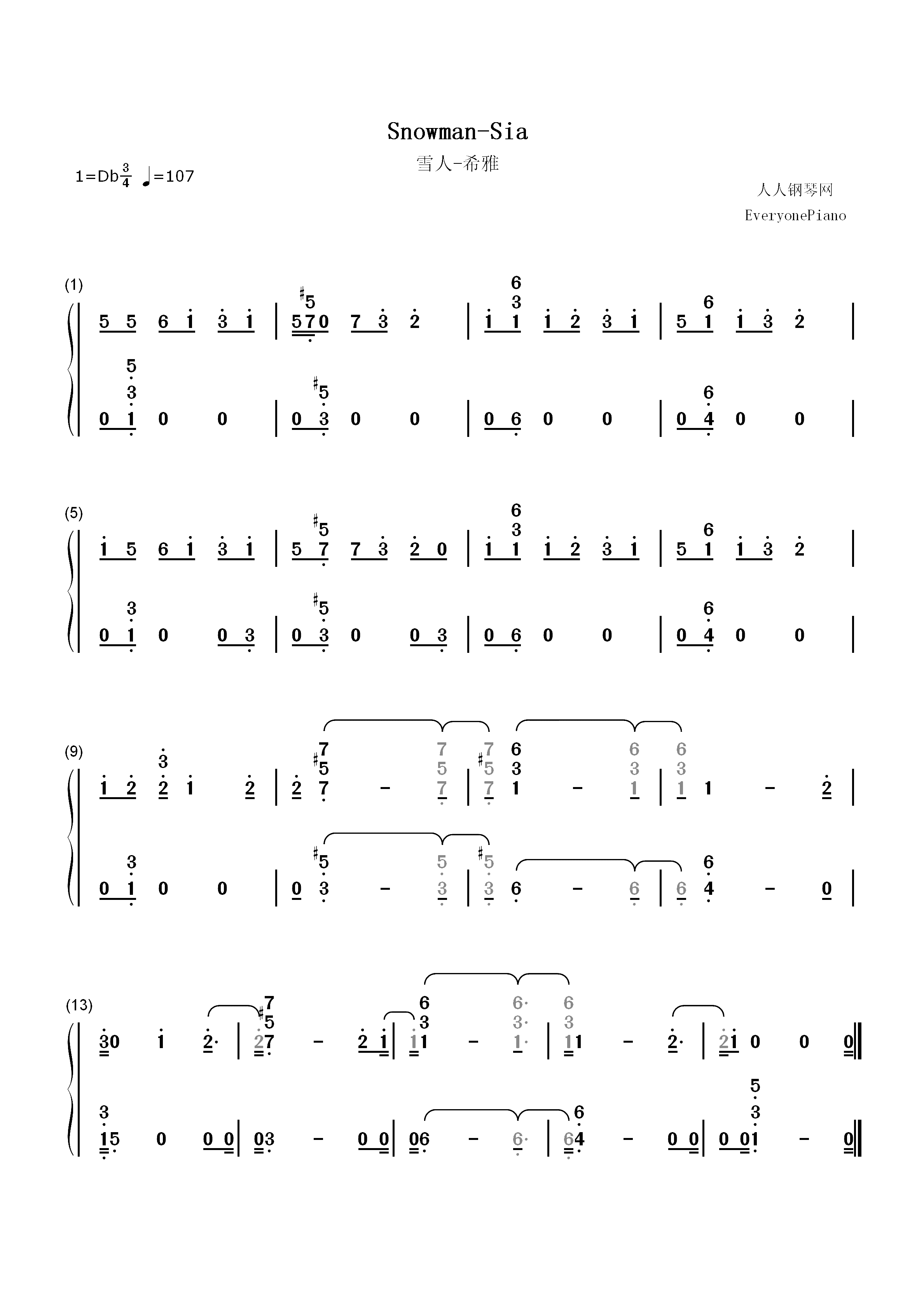 Snowman-Sia双手简谱预览1