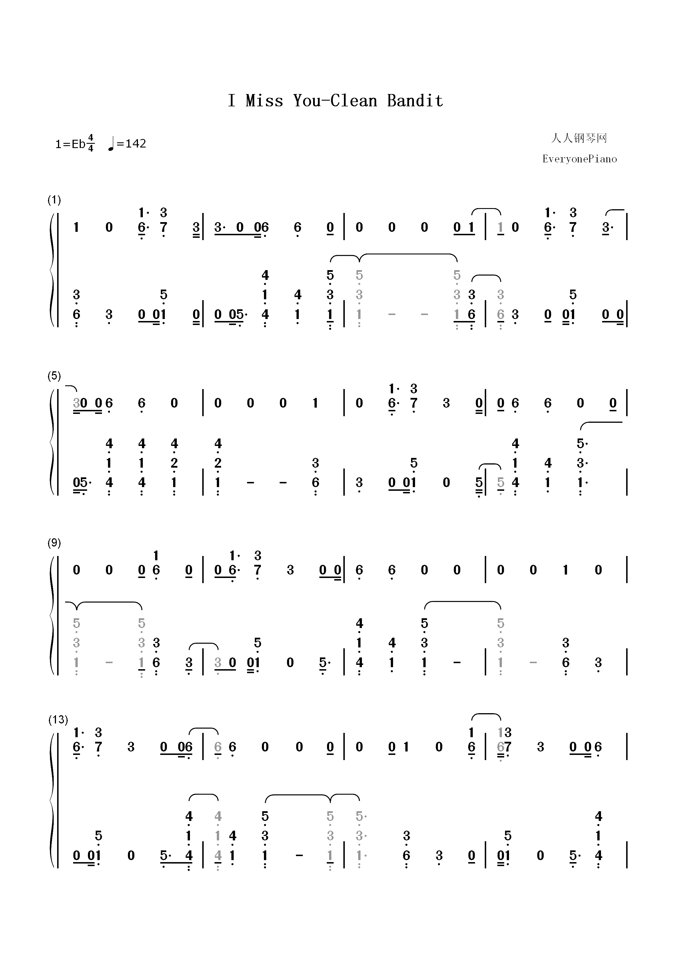 I Miss You-Clean Bandit双手简谱预览1