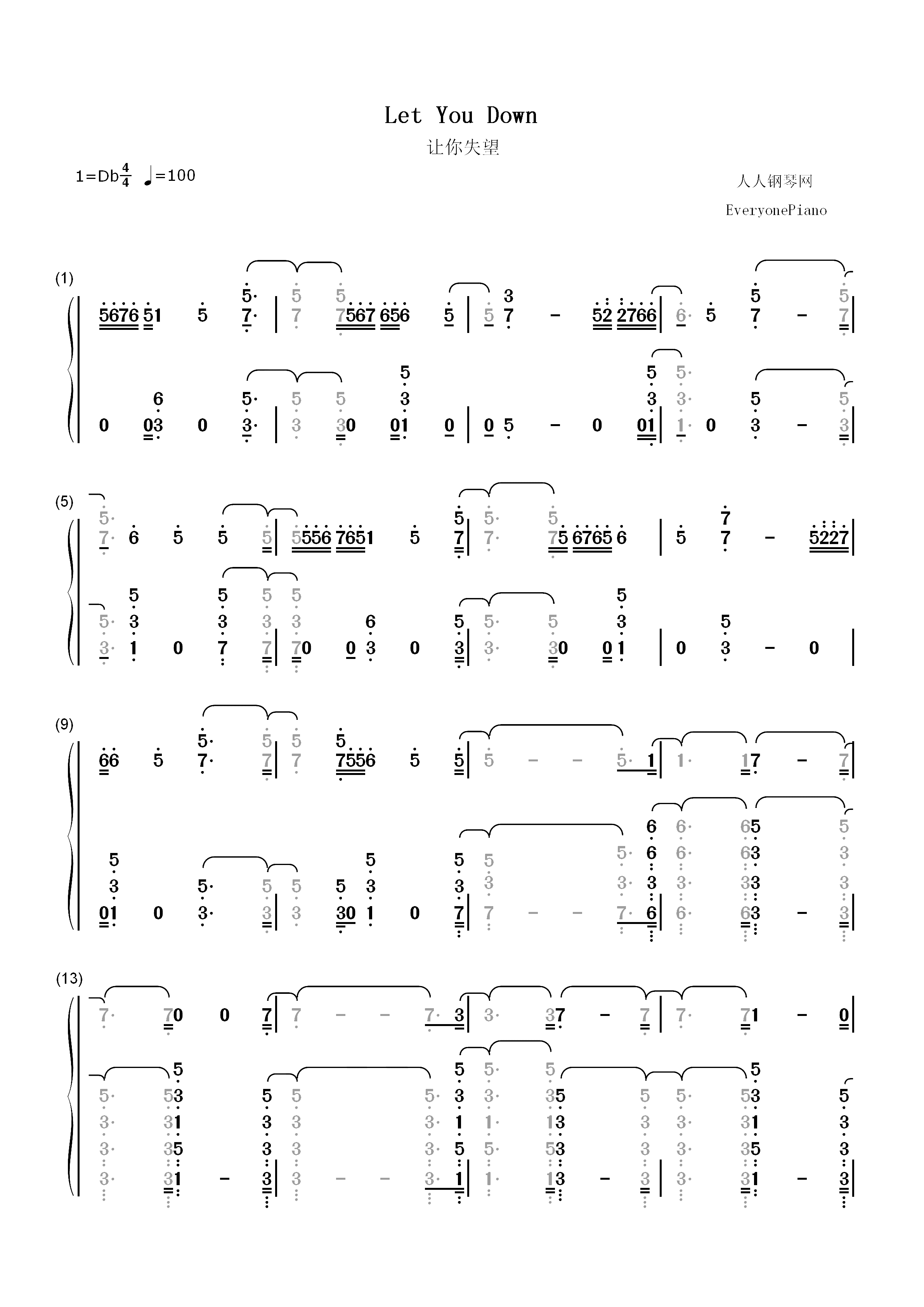 Let You Down-NF双手简谱预览1