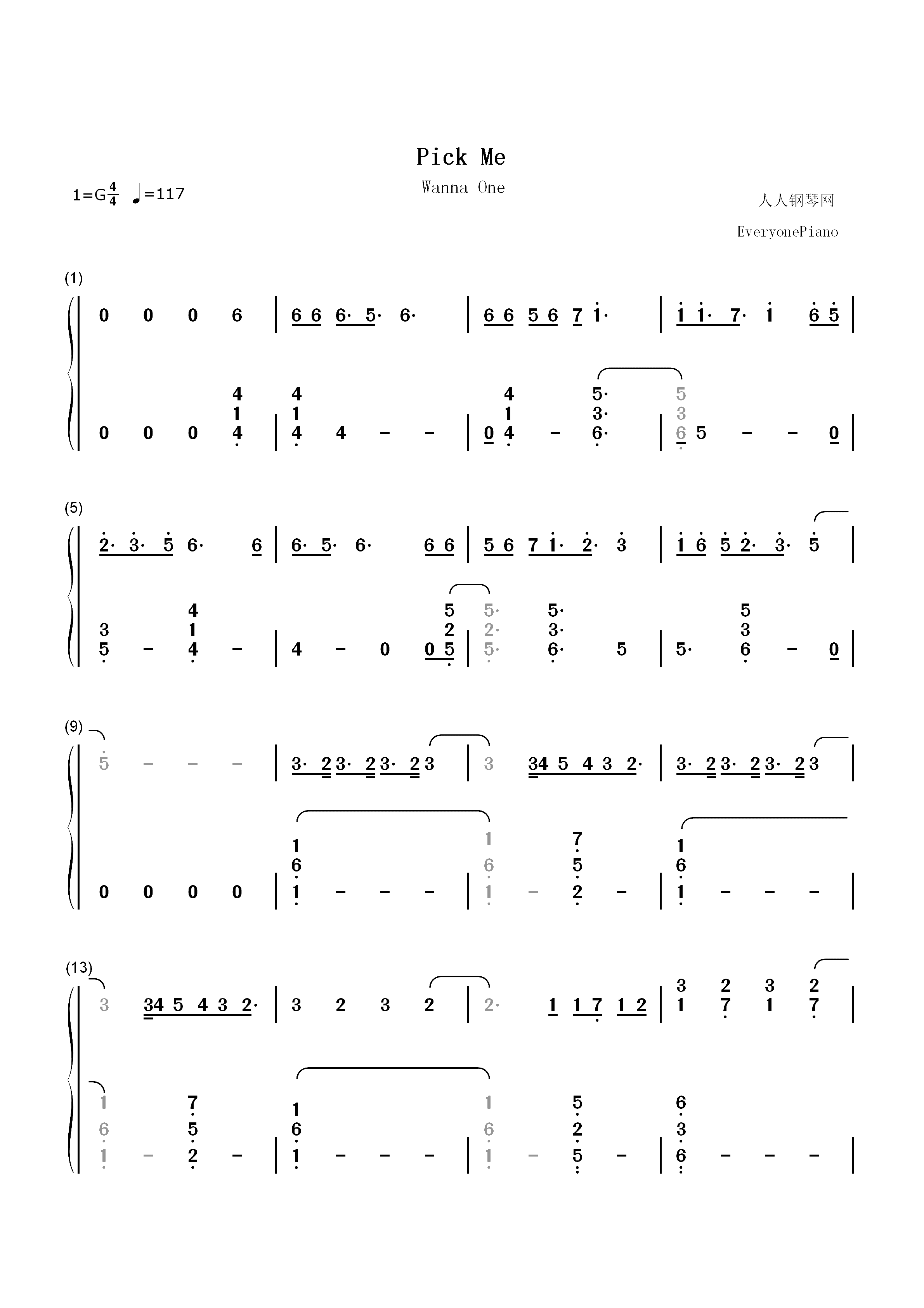 Pick Me-Wanna One双手简谱预览1