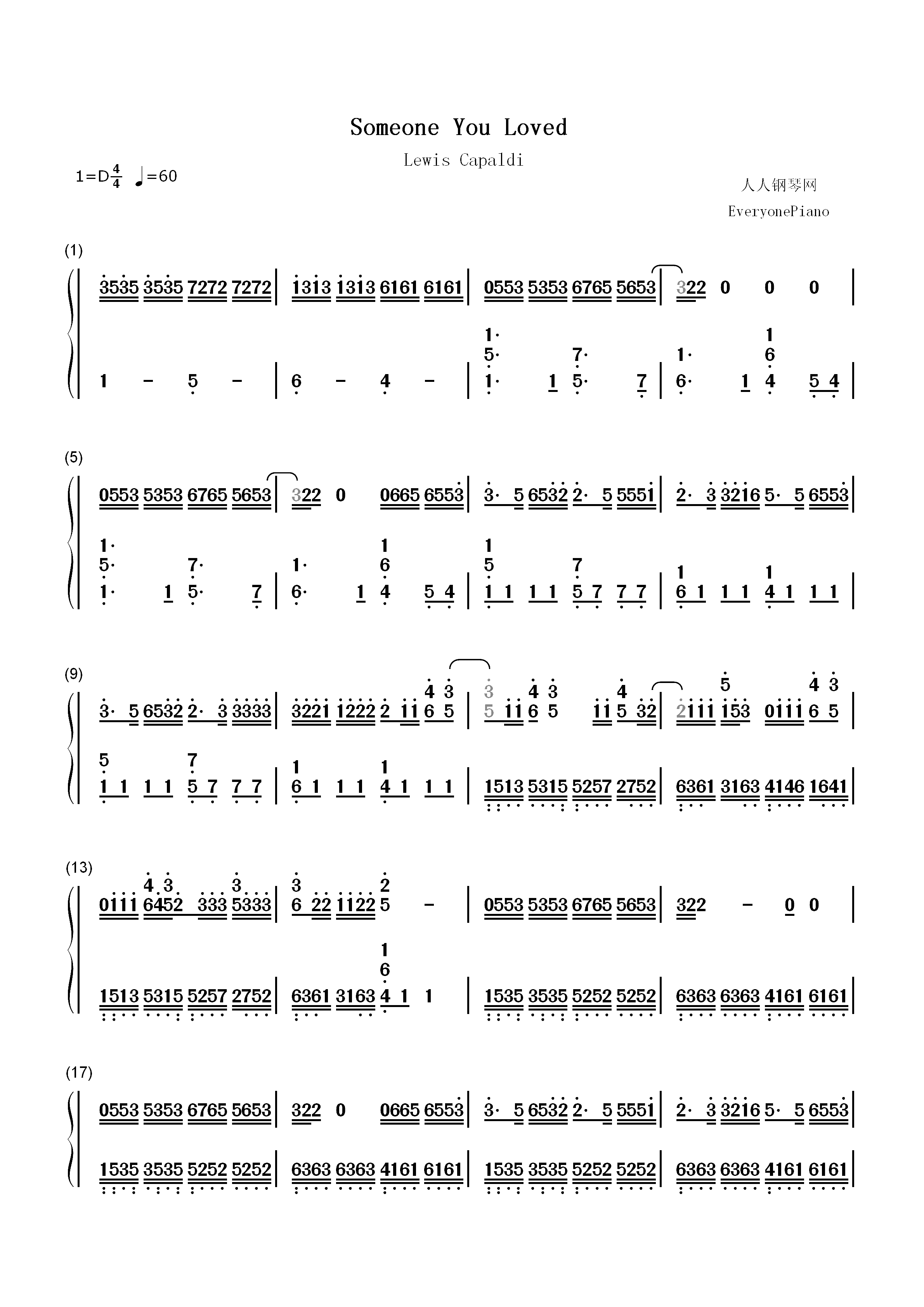 Someone You Loved-Lewis Capaldi双手简谱预览1