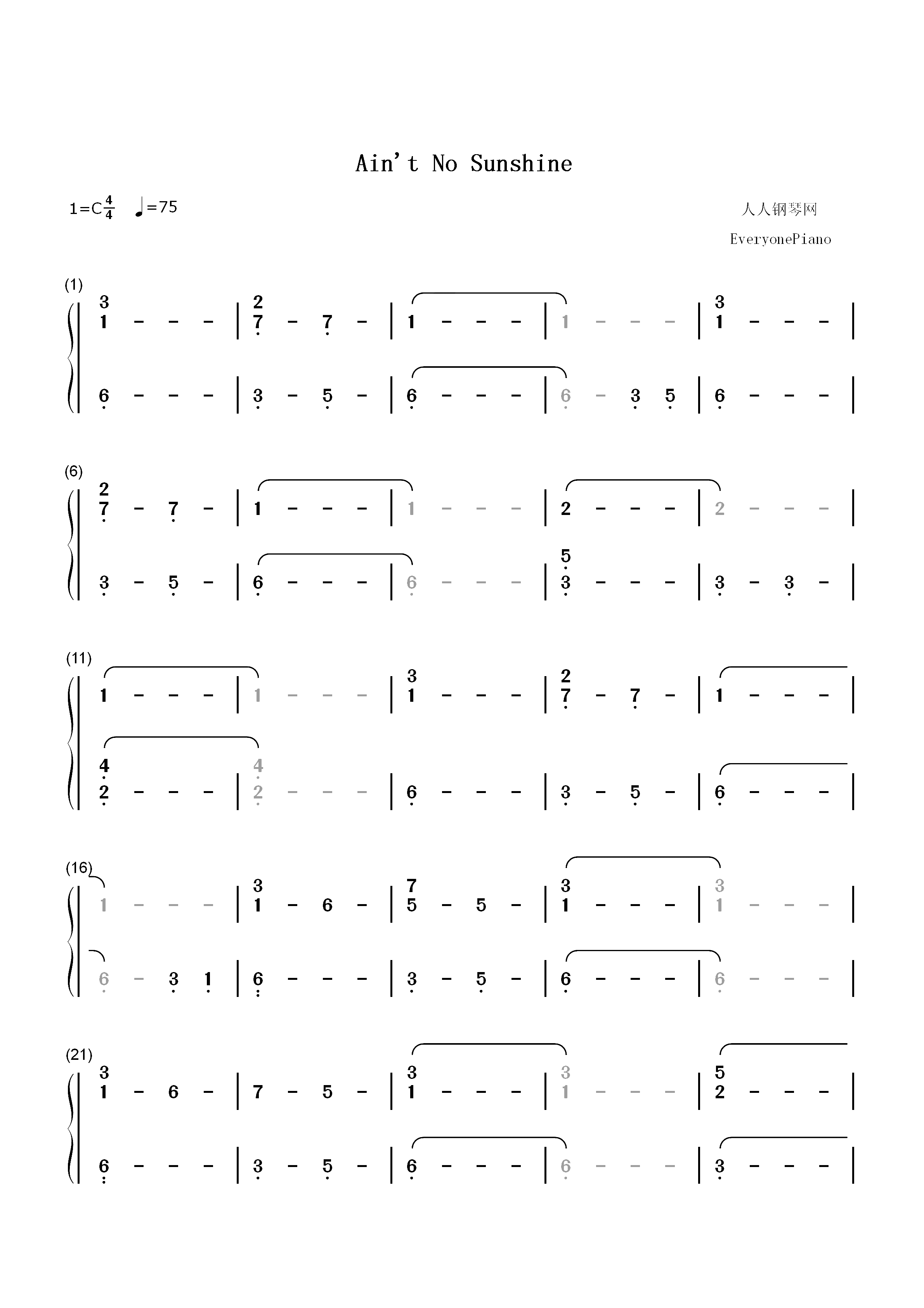 Aint No Sunshine-伴奏谱双手简谱预览1