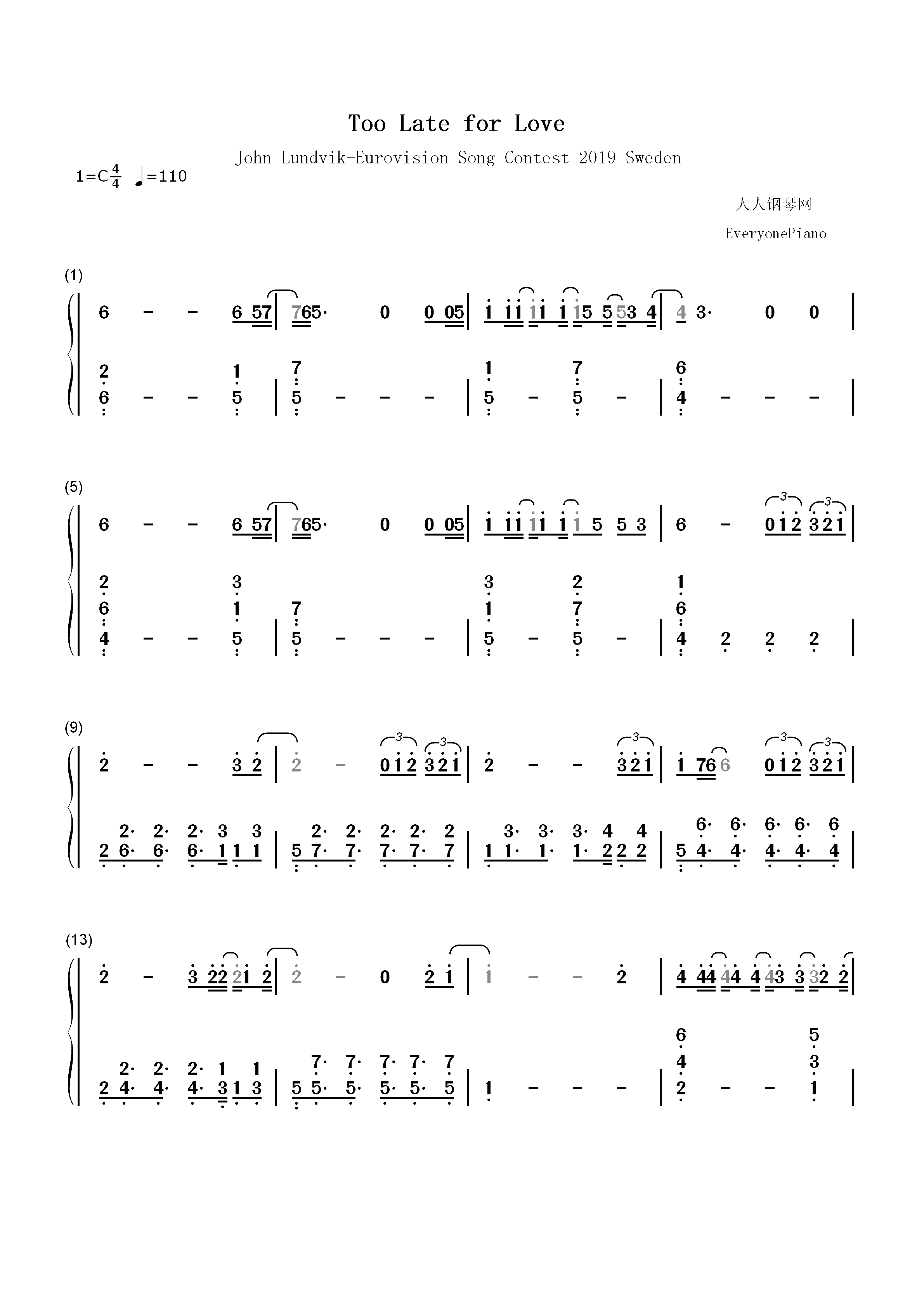 Too Late for Love-2019年欧洲歌唱大赛双手简谱预览1