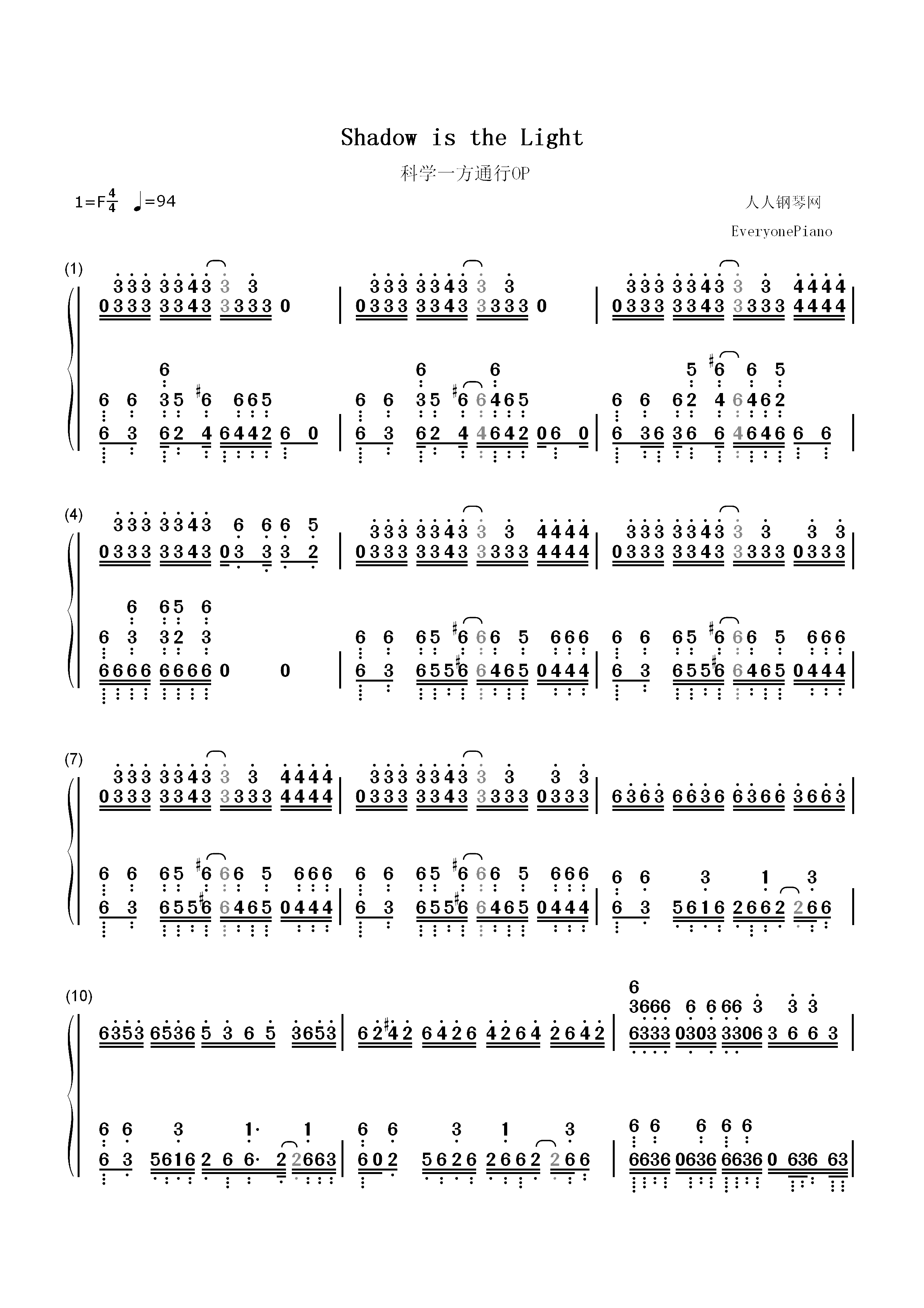 Shadow is the Light-科学一方通行OP双手简谱预览1