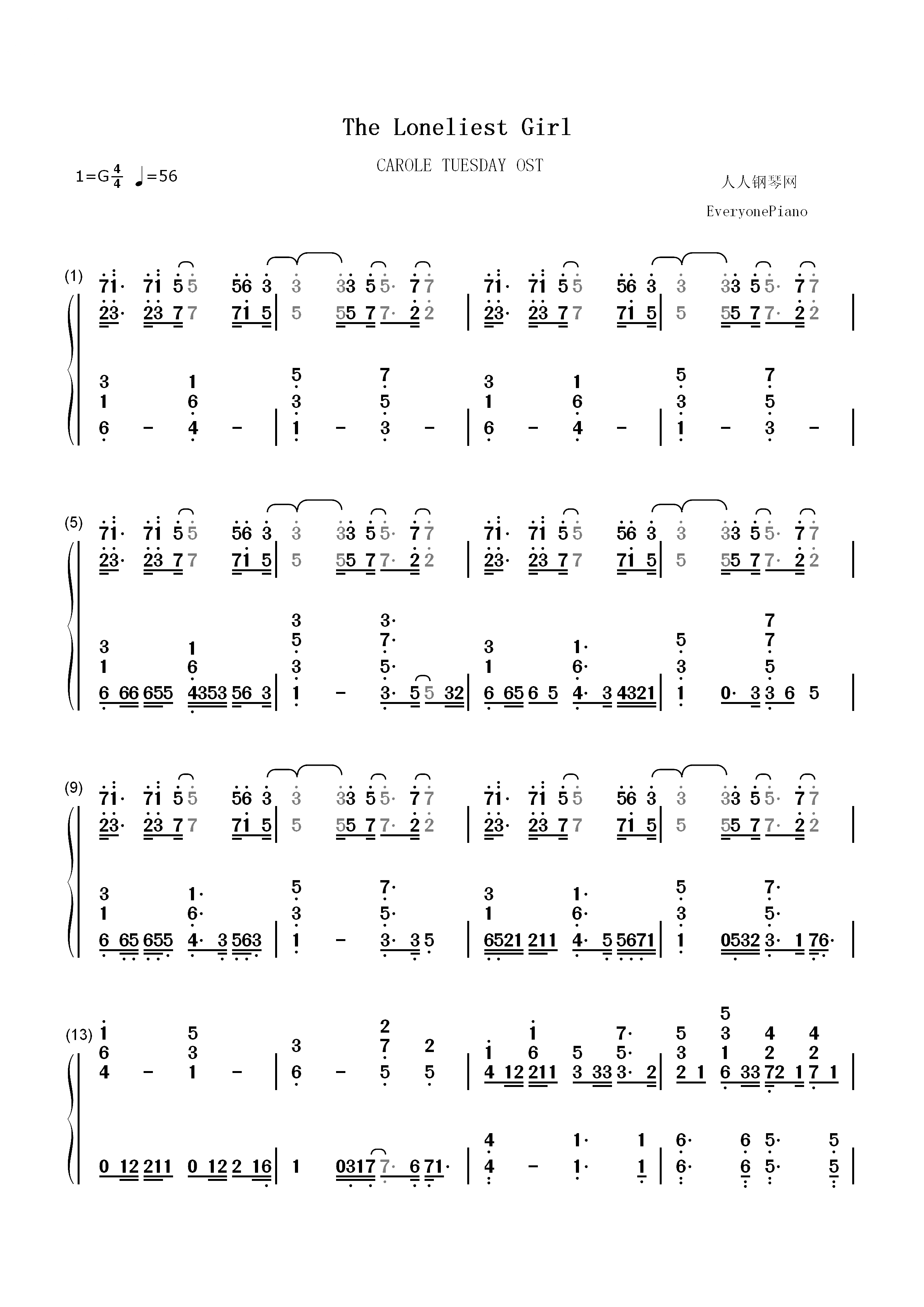 The Loneliest Girl-Carole Tuesday OST双手简谱预览1