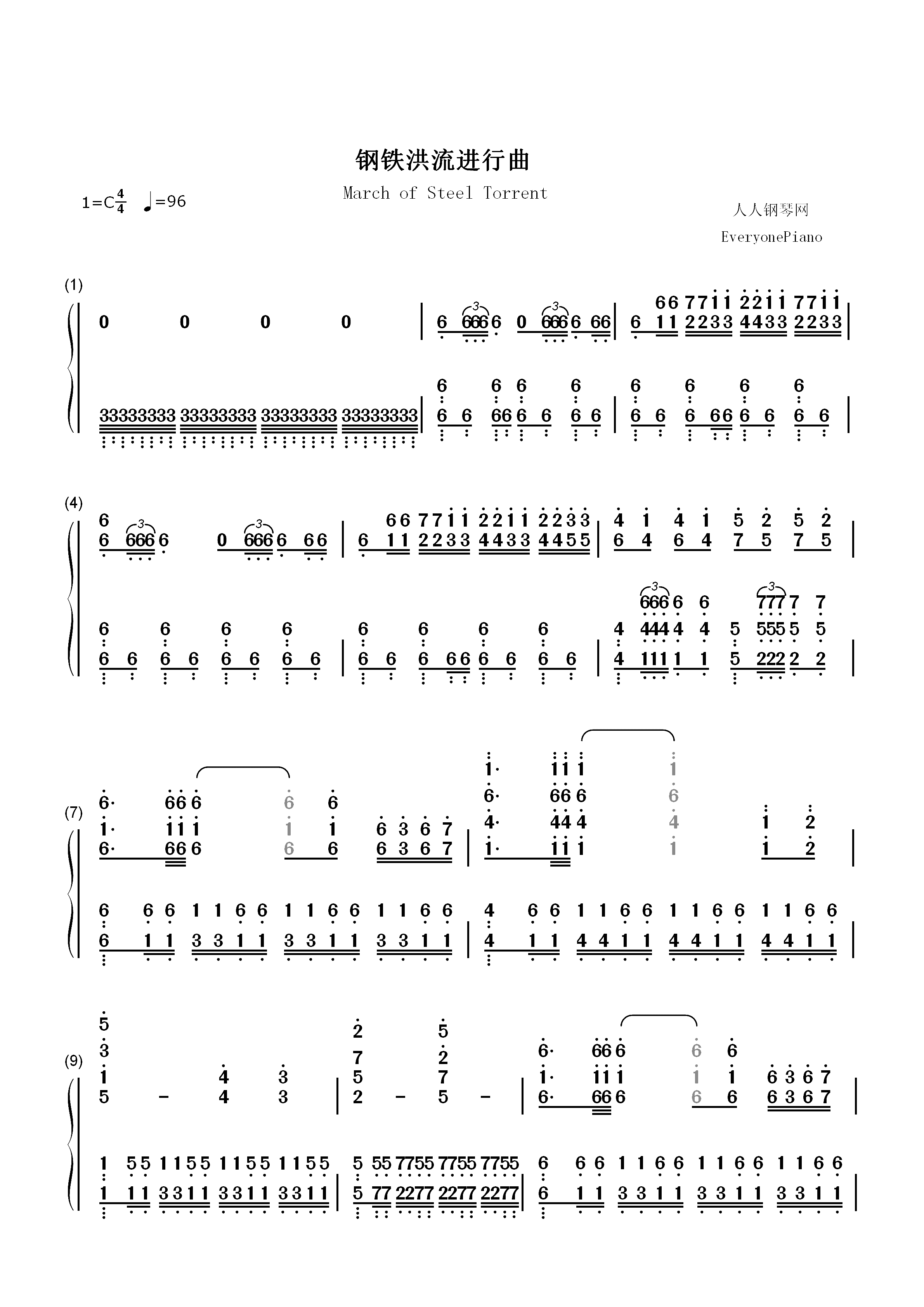 钢铁洪流进行曲-难度版双手简谱预览1