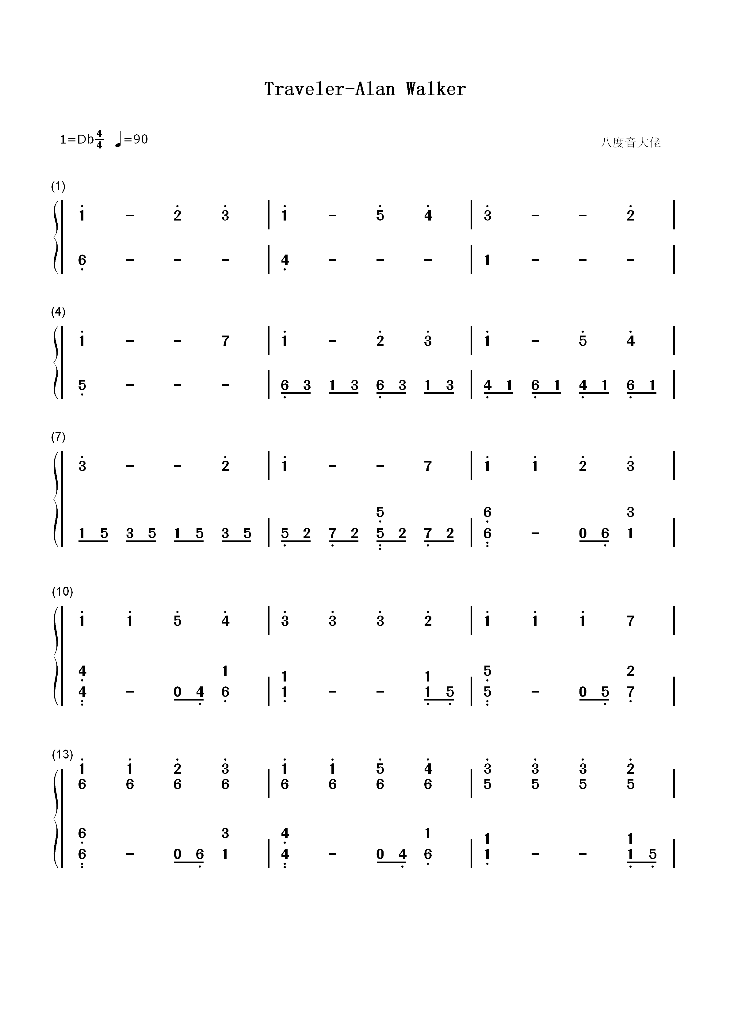 Traveler-缩减版-Alan Walker双手简谱预览1