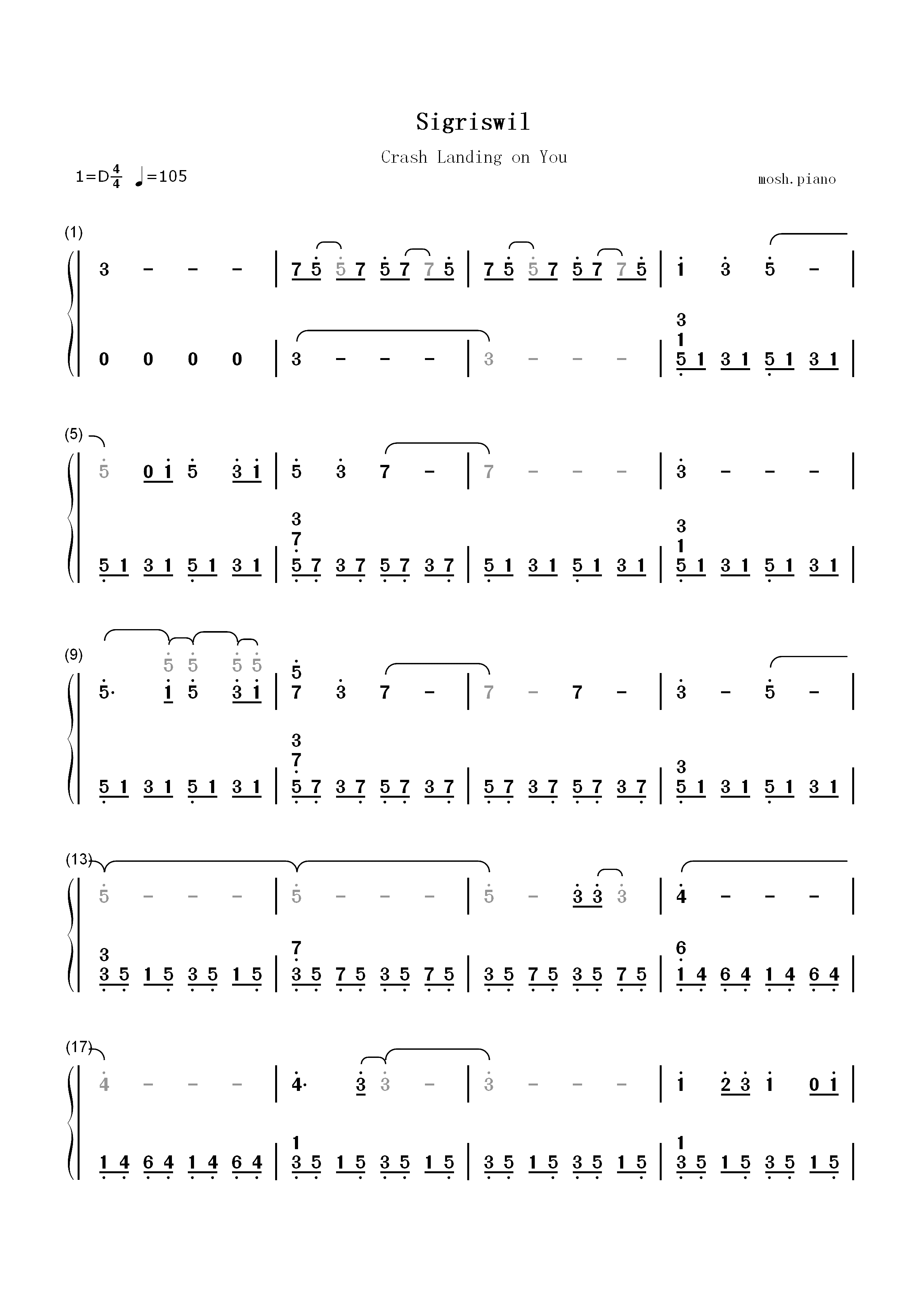 Sigriswil-爱的迫降OST双手简谱预览1