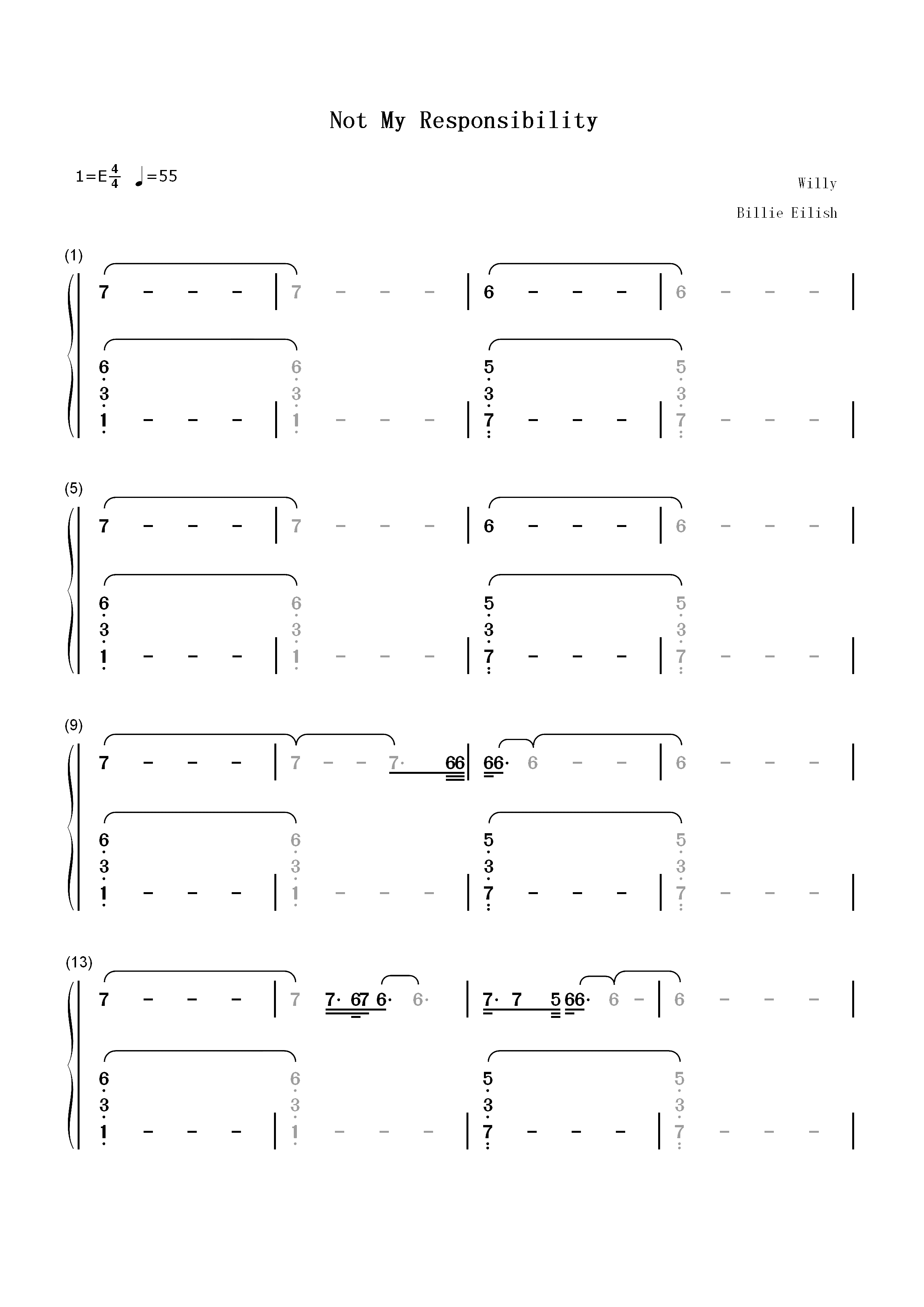 Not My Responsibility-Billie Eilish双手简谱预览1