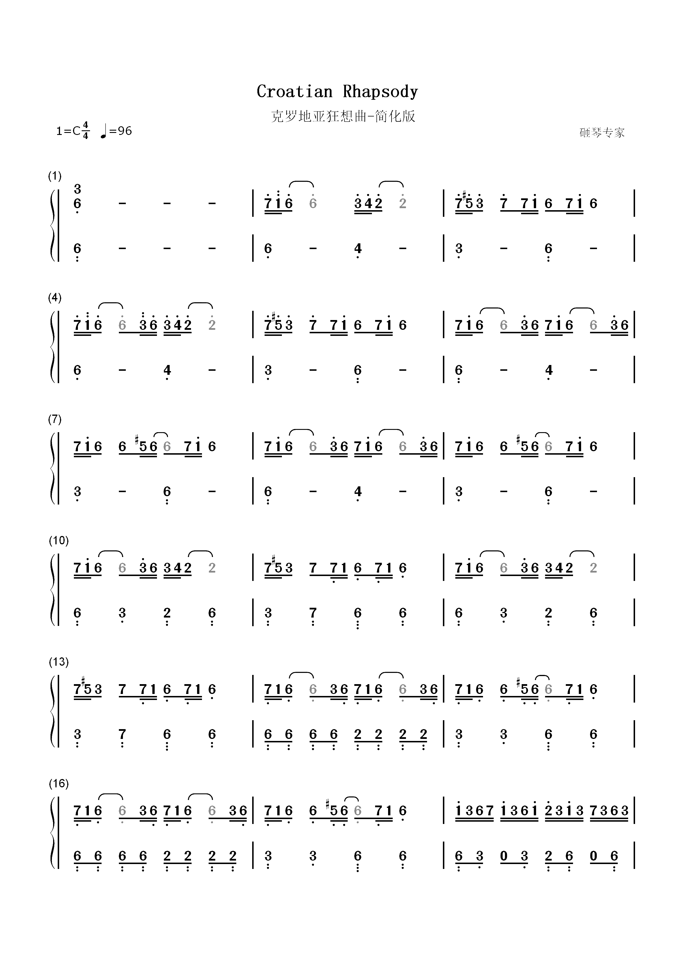 克罗地亚狂想曲-C调简化版双手简谱预览1