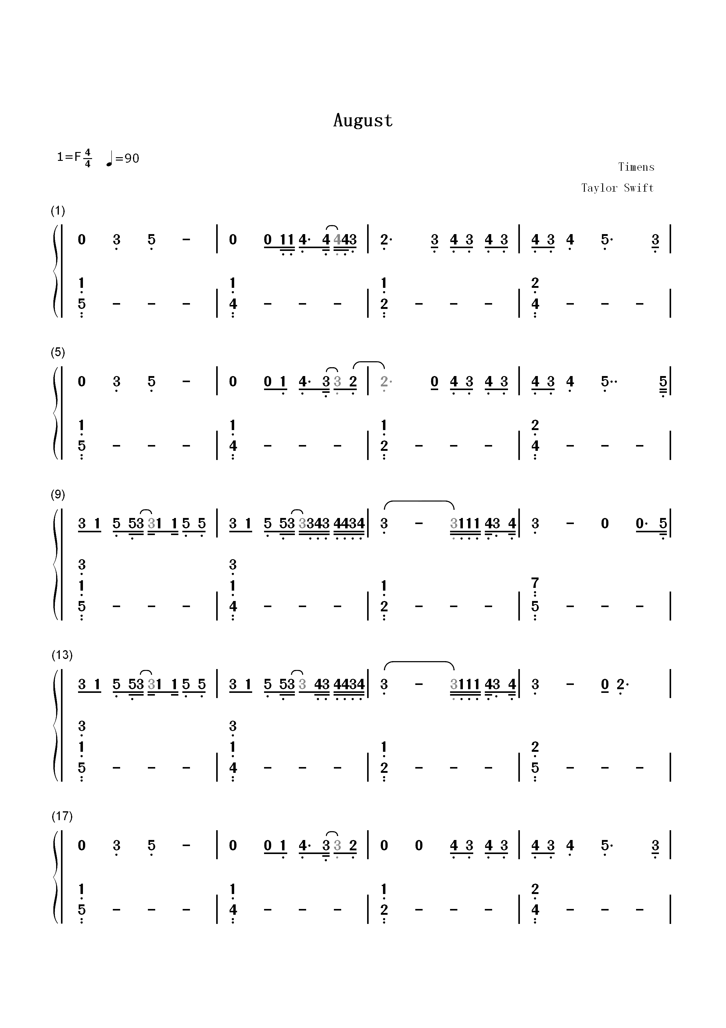 August-Taylor Swift双手简谱预览1