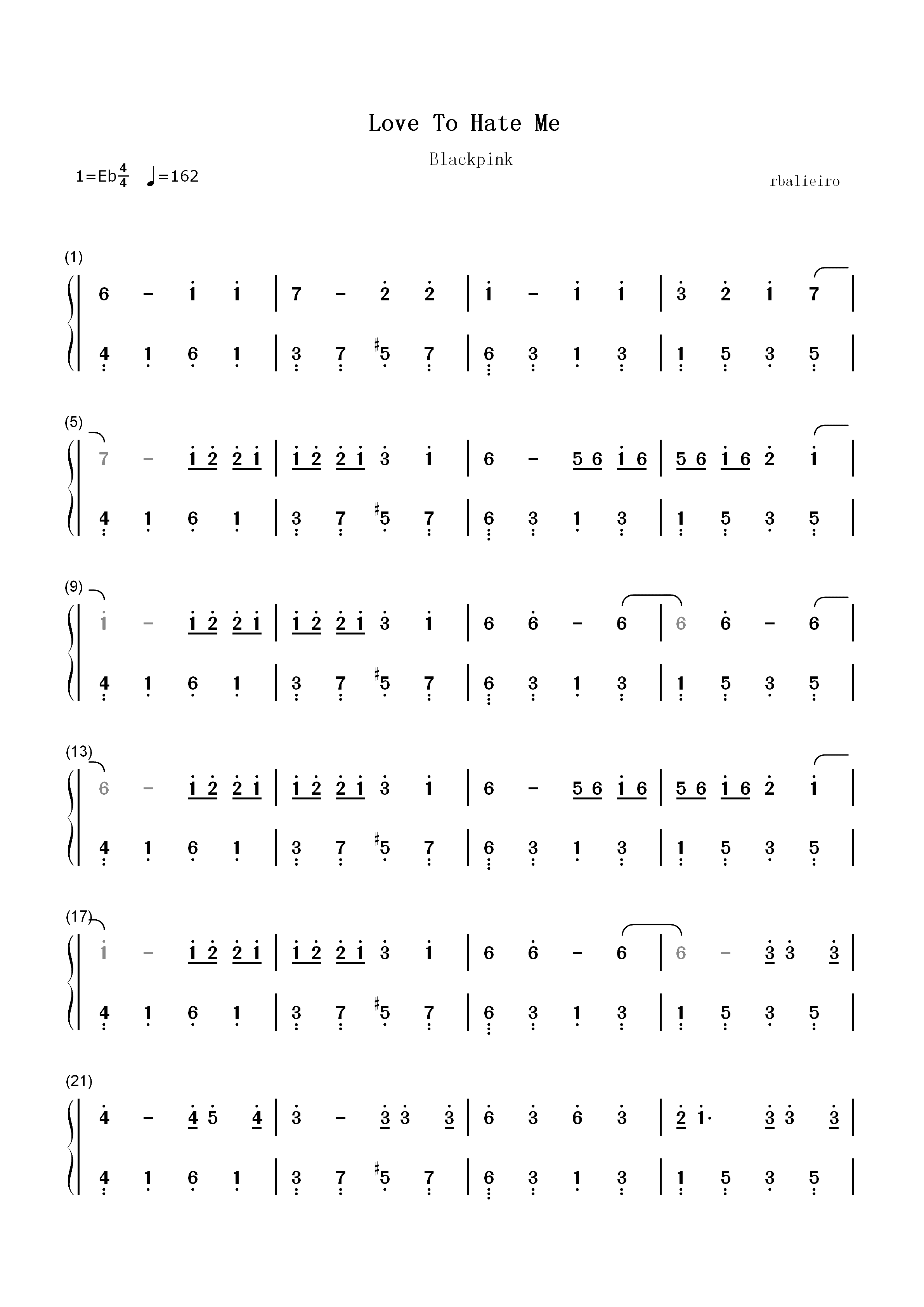 Love To Hate Me-Blackpink双手简谱预览1