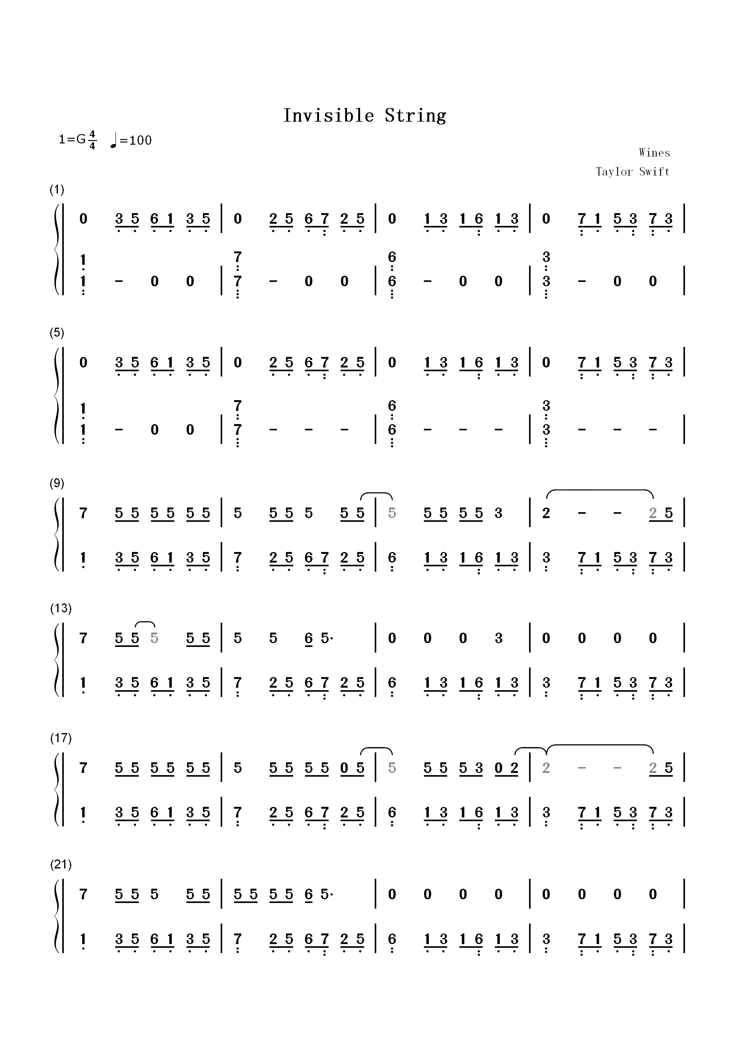 Invisible String-Taylor Swift双手简谱预览1