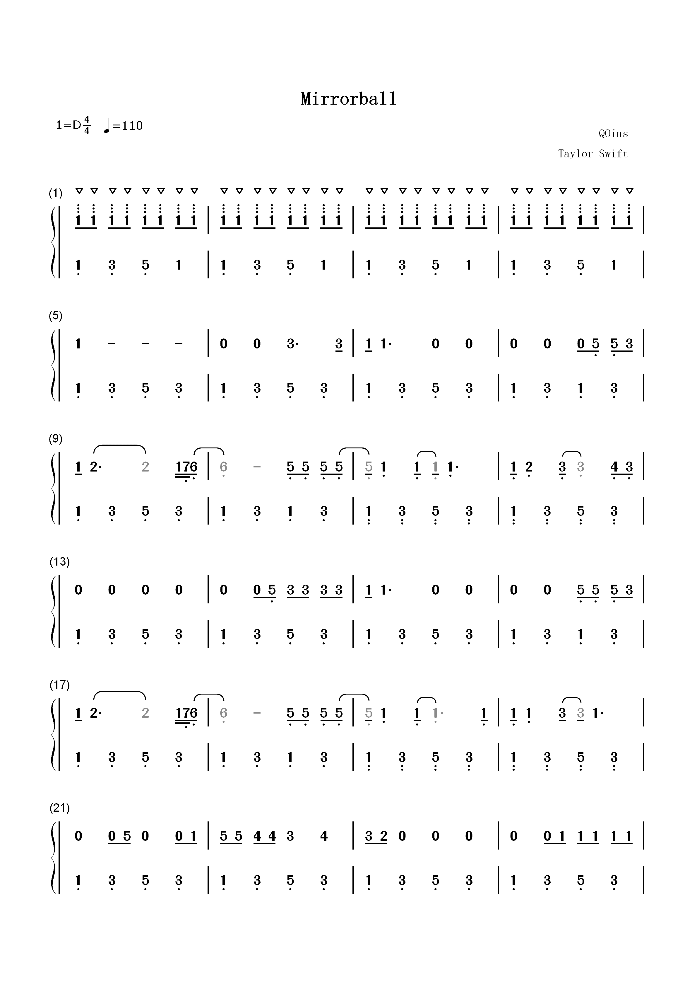 Mirrorball-Taylor Swift双手简谱预览1