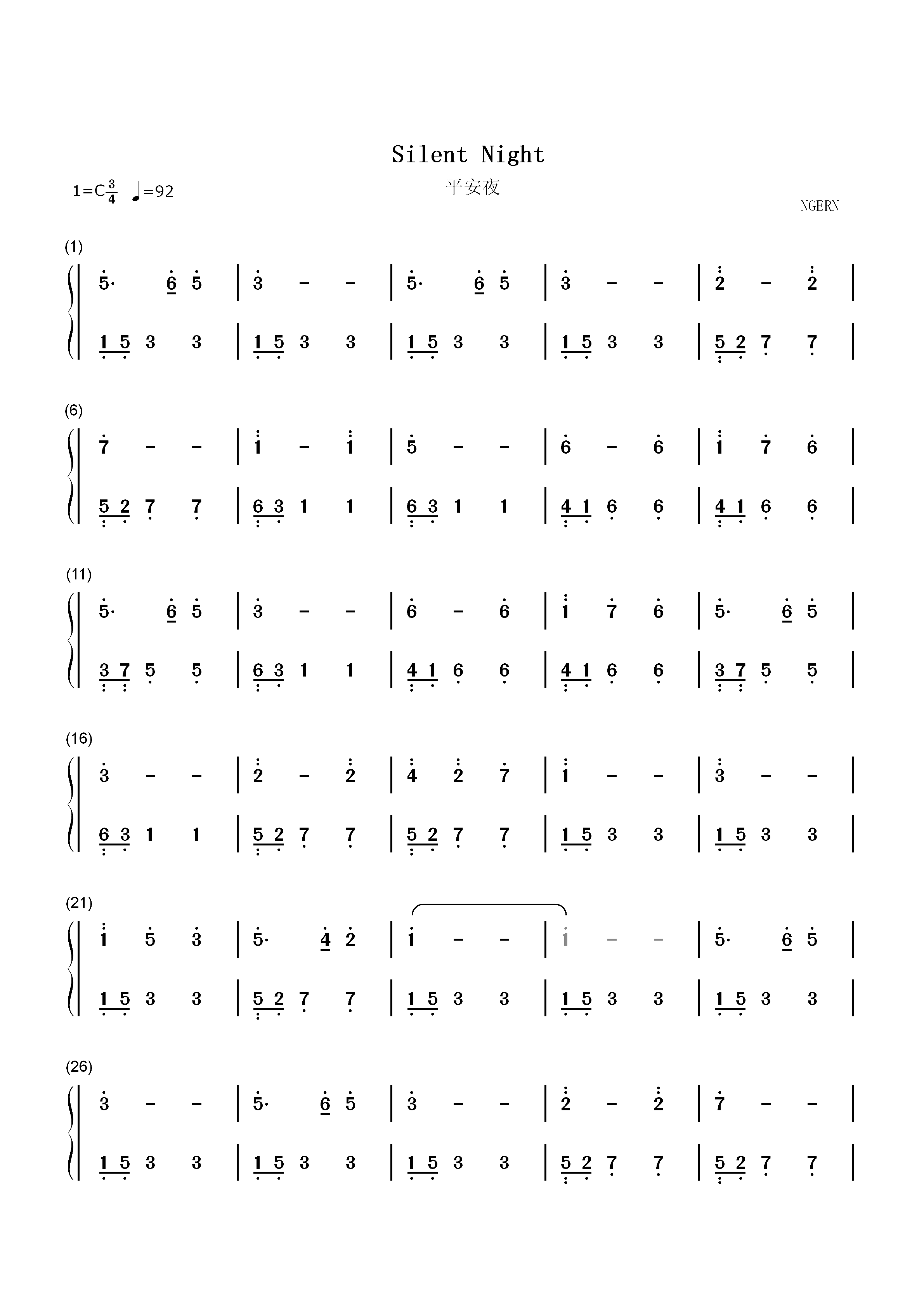 Silent Night-C调简单版-平安夜双手简谱预览1