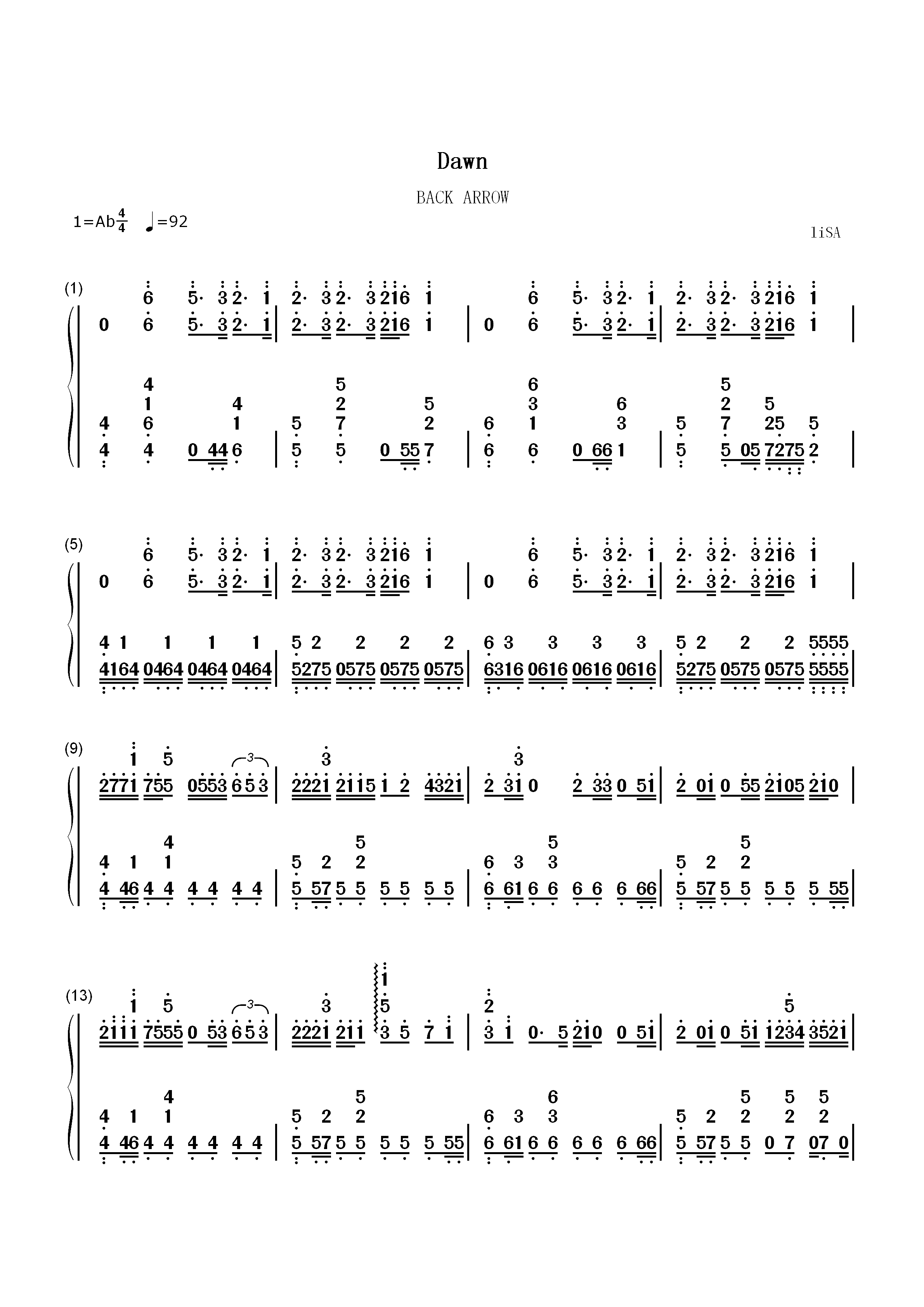 Dawn-BACK ARROW片头曲双手简谱预览1