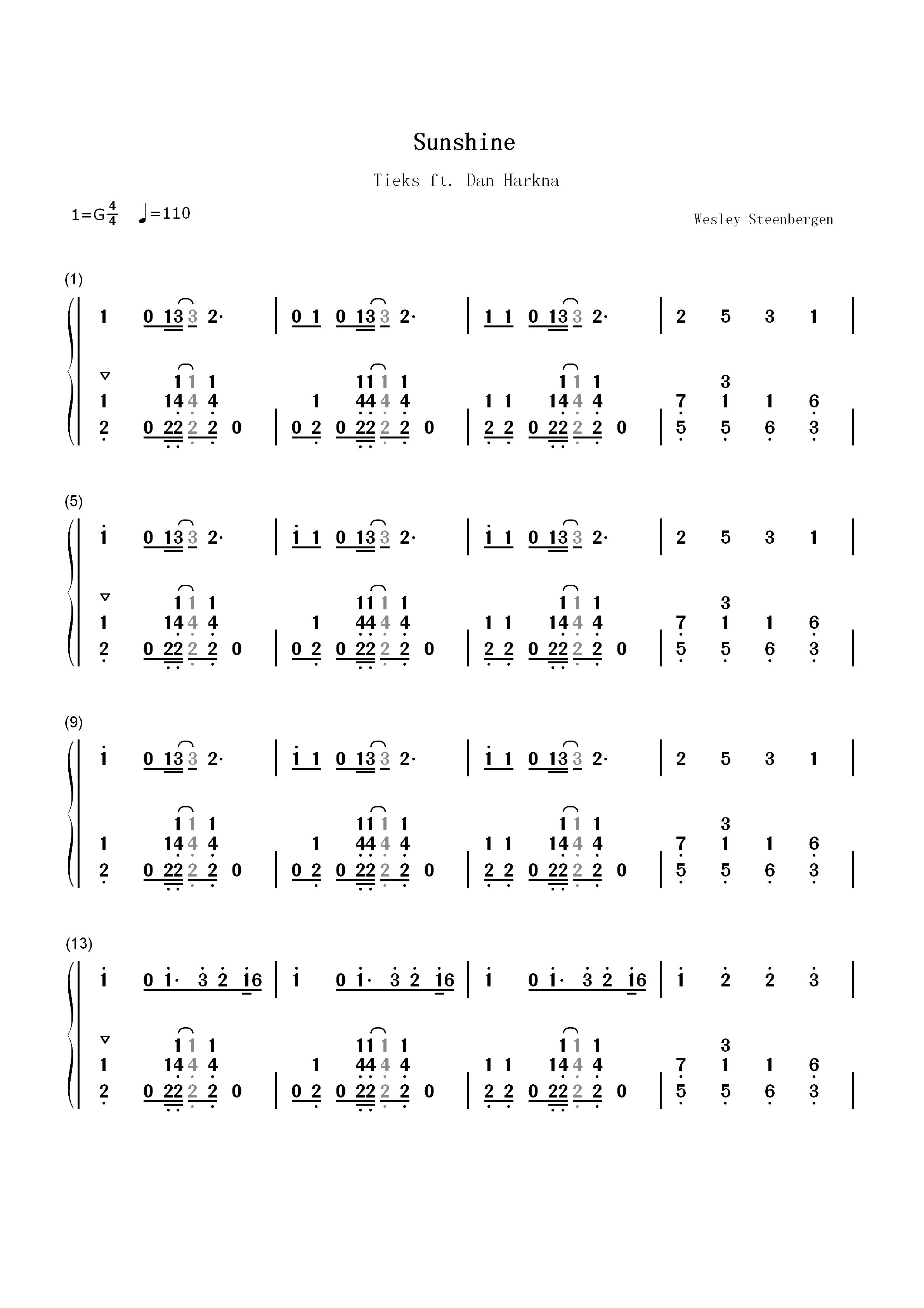 Sunshine-Tieks ft Dan Harkna双手简谱预览1