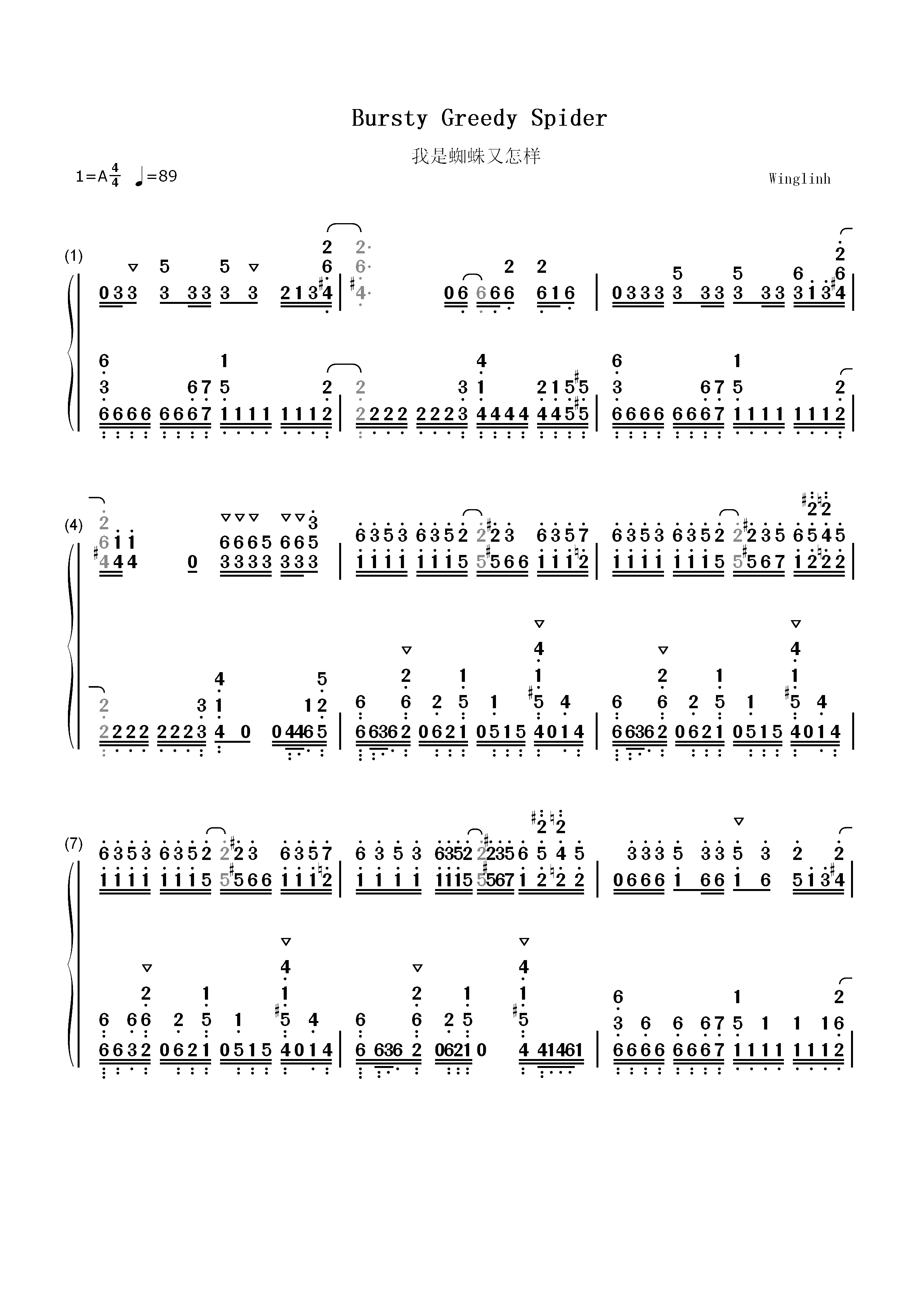 Bursty Greedy Spider-我是蜘蛛又怎样OP2双手简谱预览1