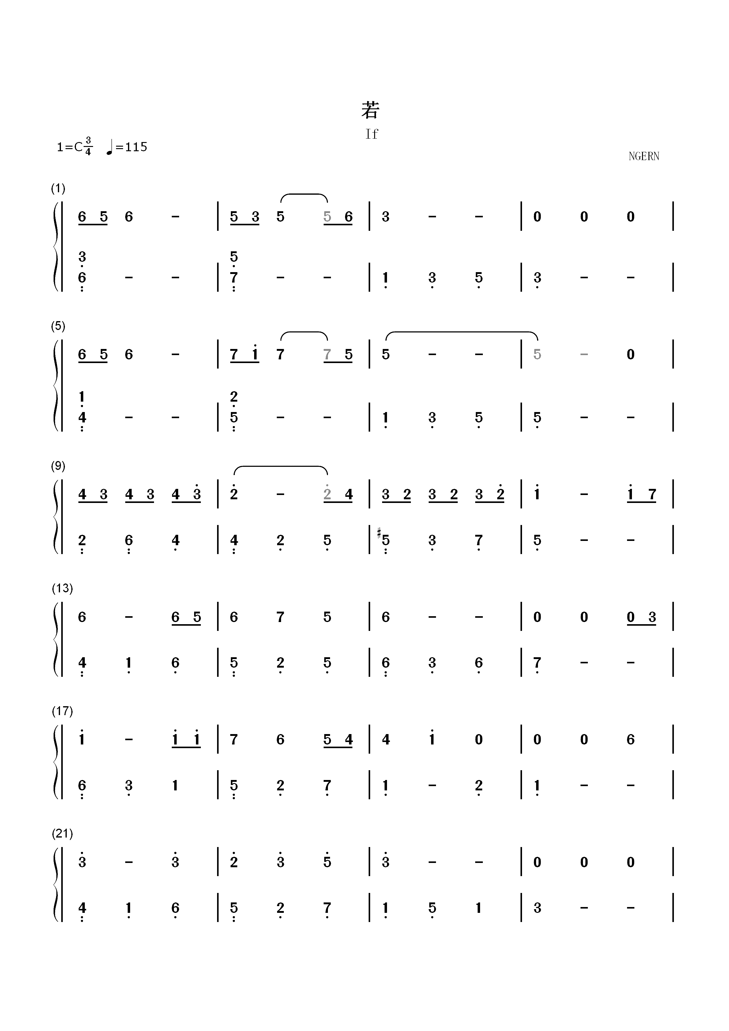 若-C调简单版-周生如故插曲双手简谱预览1
