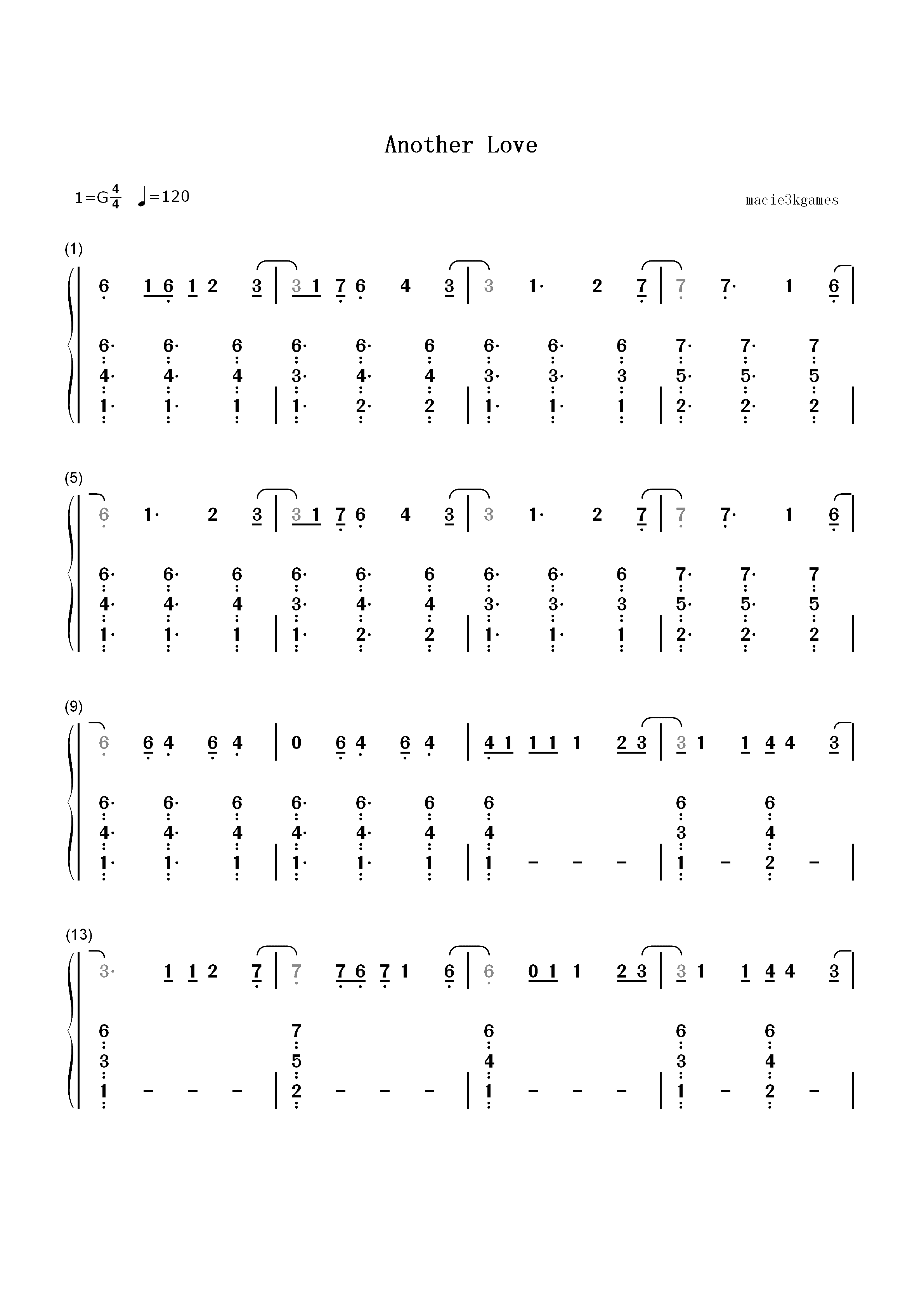 Another Love-简单版-Tom Odell双手简谱预览1