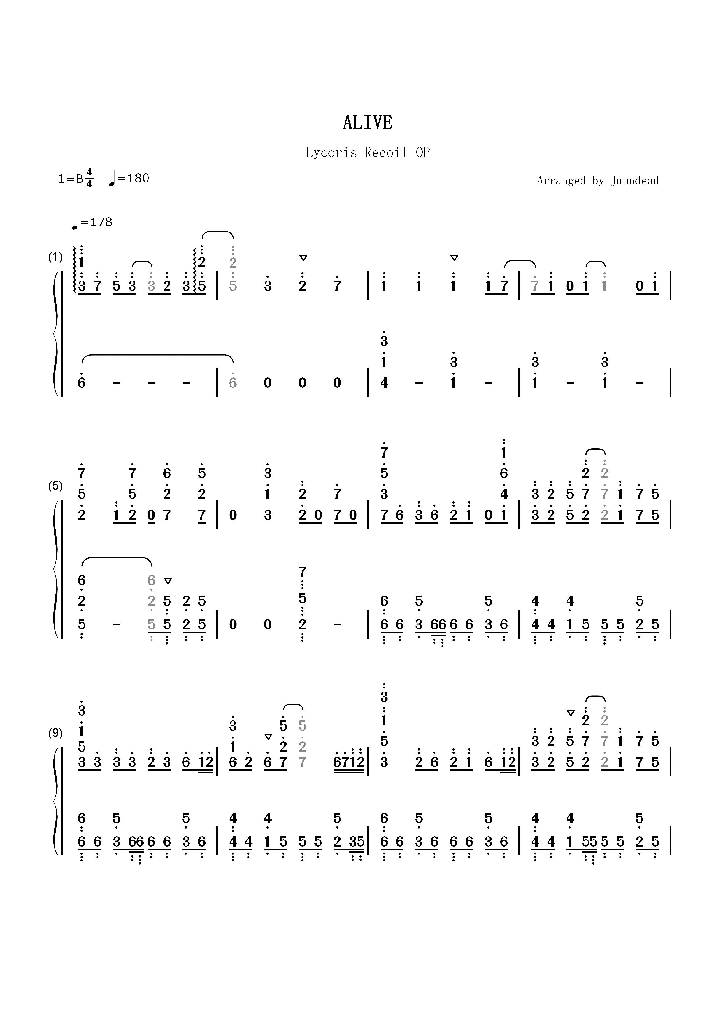 ALIVE-Lycoris Recoil OP双手简谱预览1