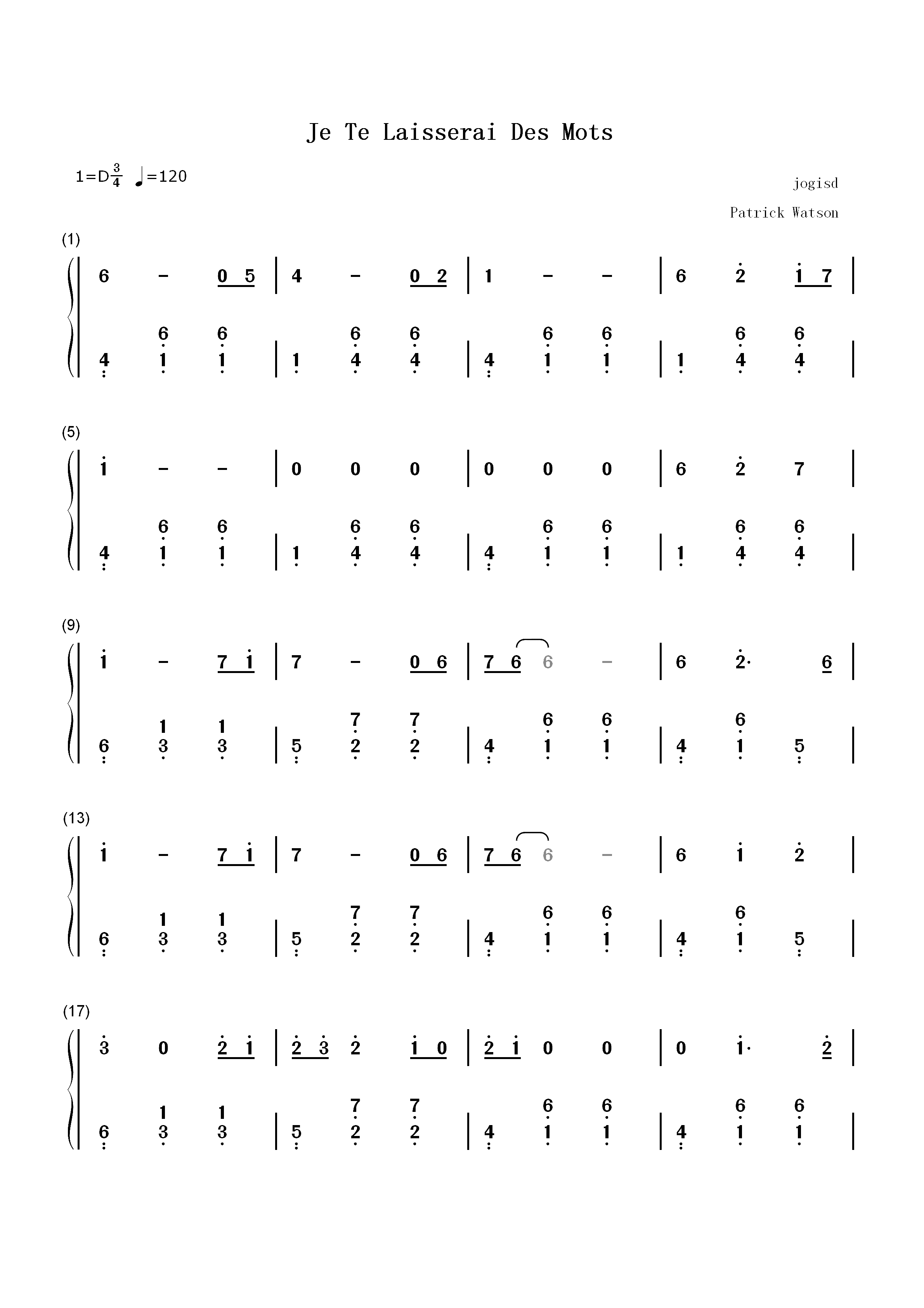 Je Te Laisserai Des Mots-Patrick Watson双手简谱预览1