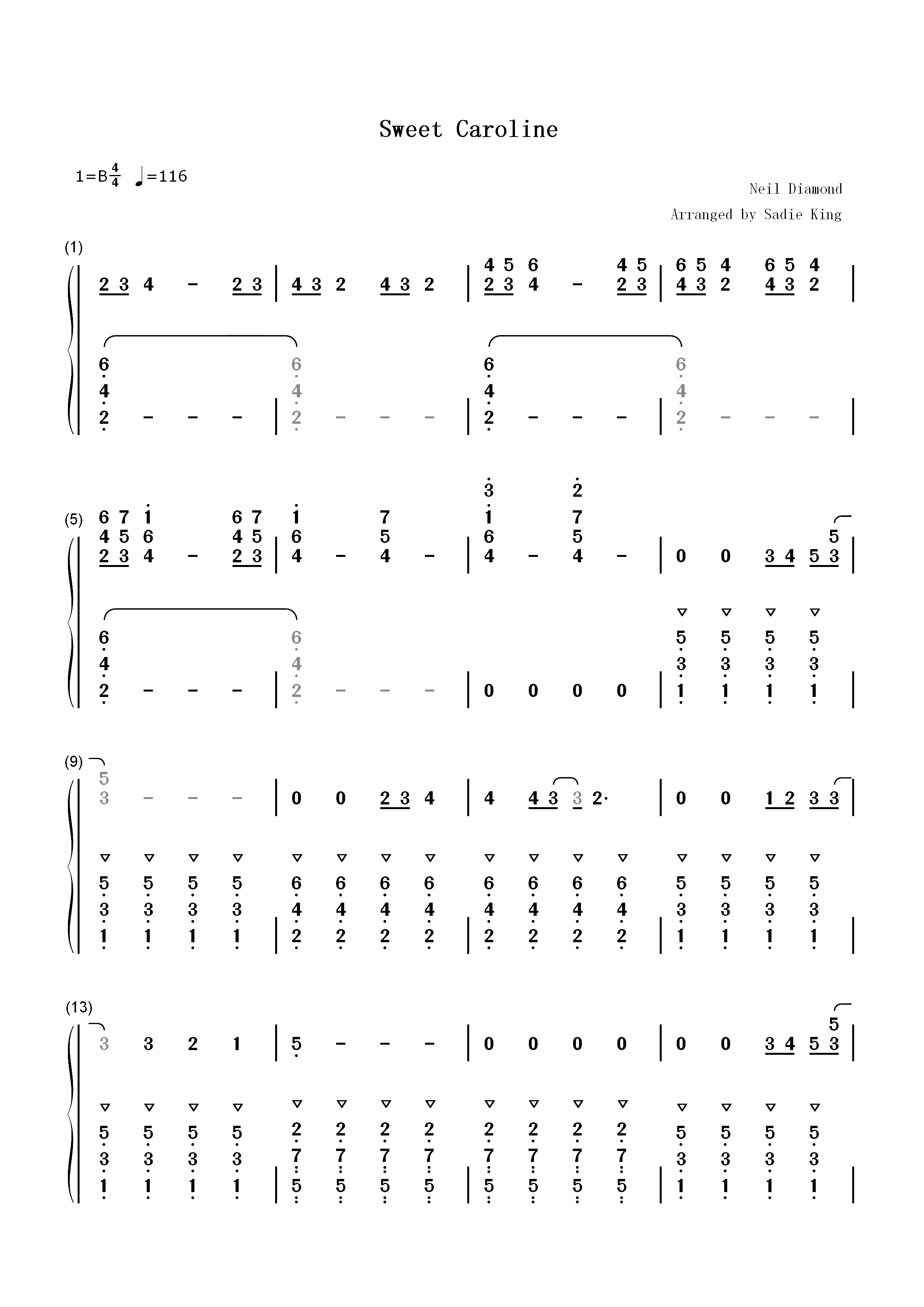 Sweet Caroline-简单版-Neil Diamond双手简谱预览1