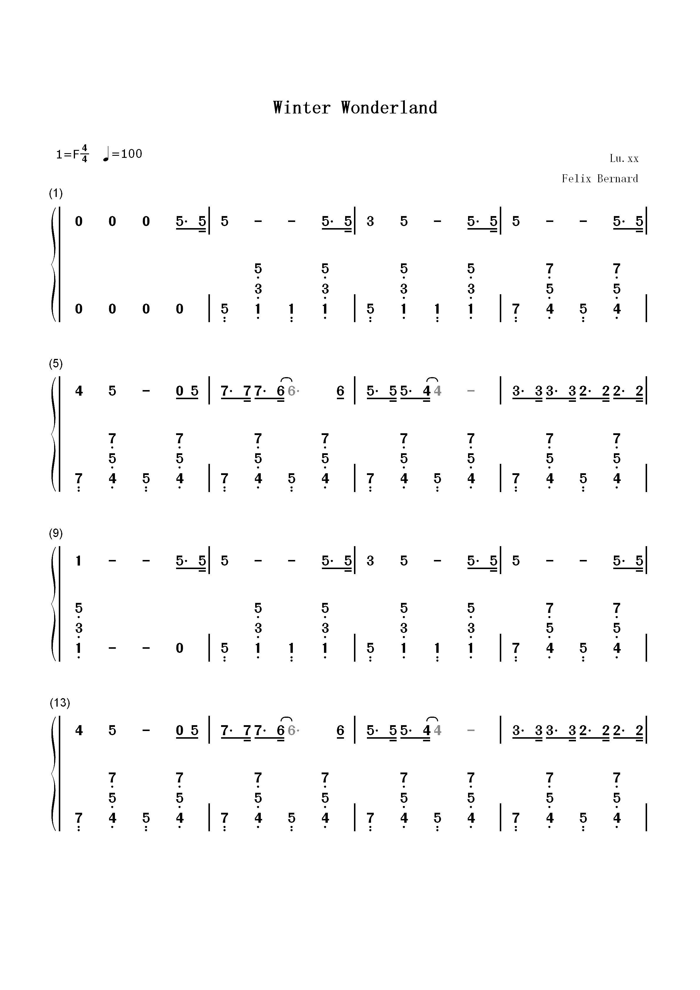 Winter Wonderland-简单版-Felix Bernard双手简谱预览1