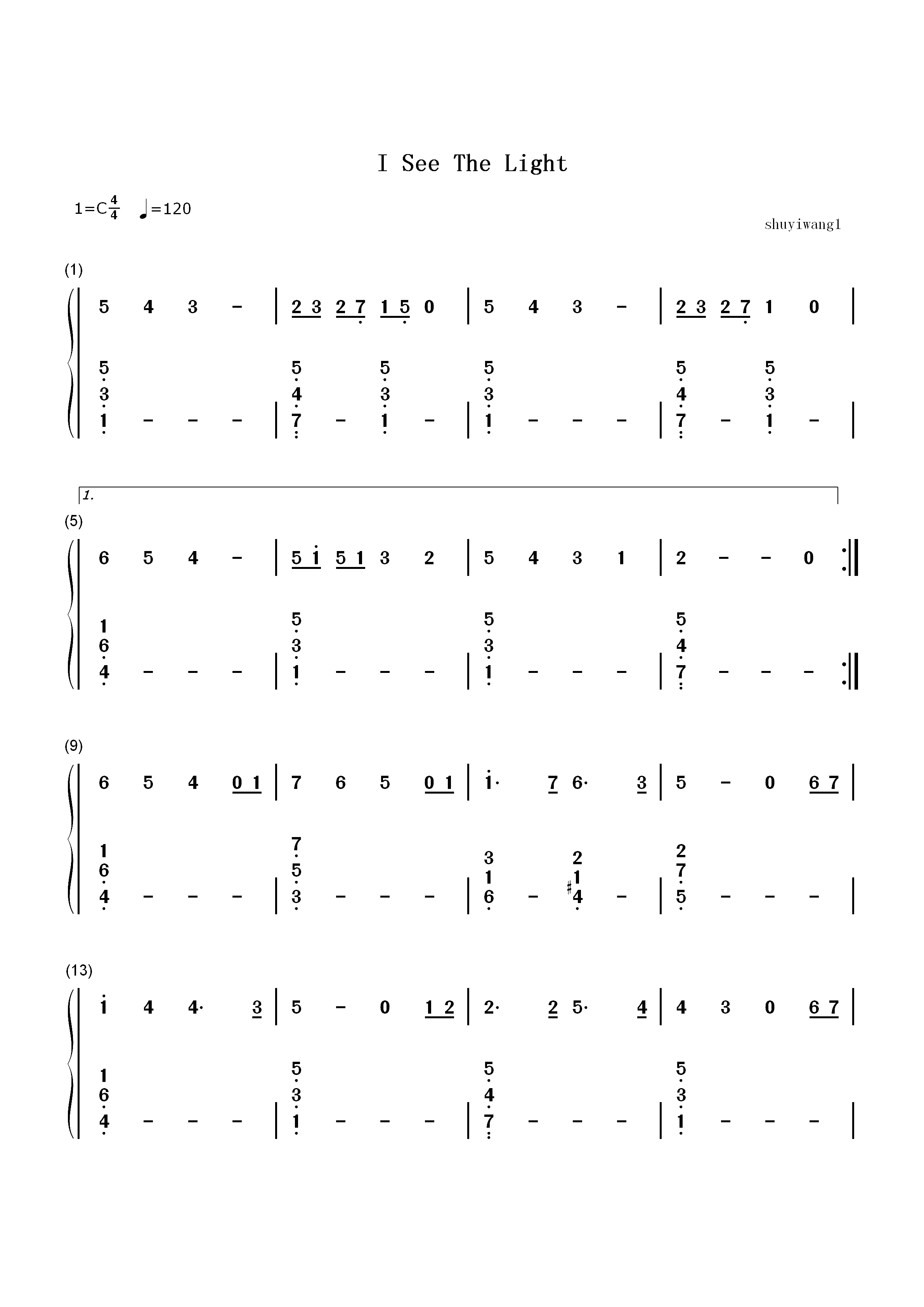 I See The Light-C调简单版双手简谱预览1