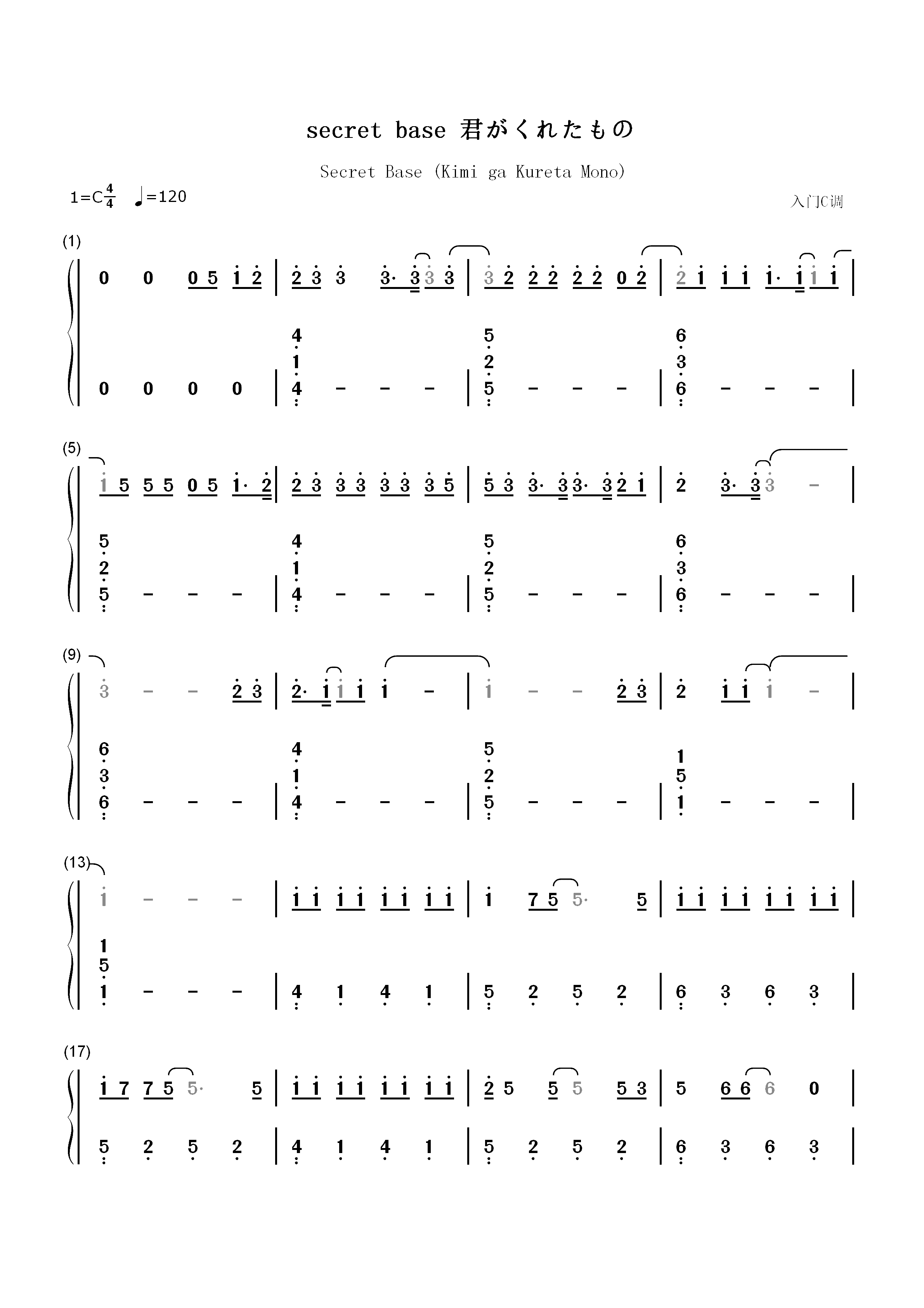 secret base 君がくれたもの-C调新手版双手简谱预览1