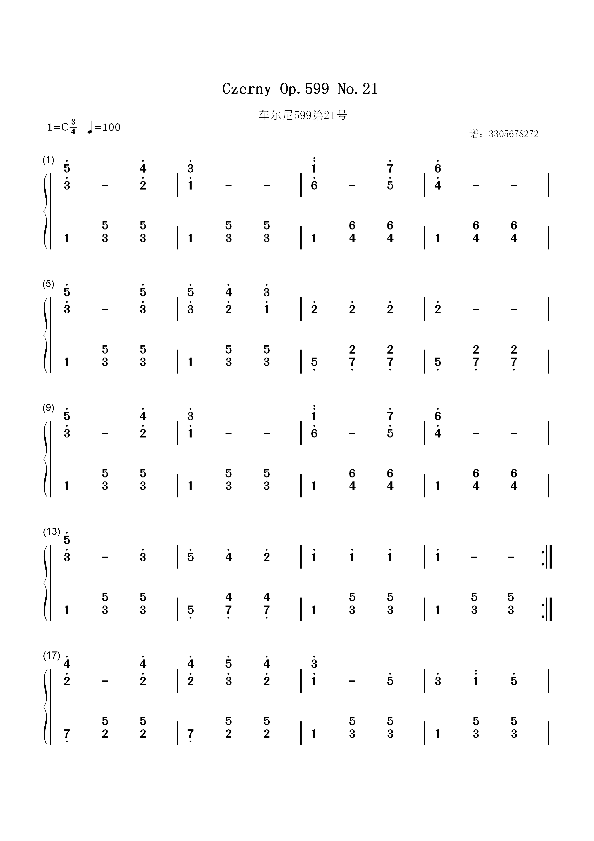 车尔尼练习曲作品599-021双手简谱预览1