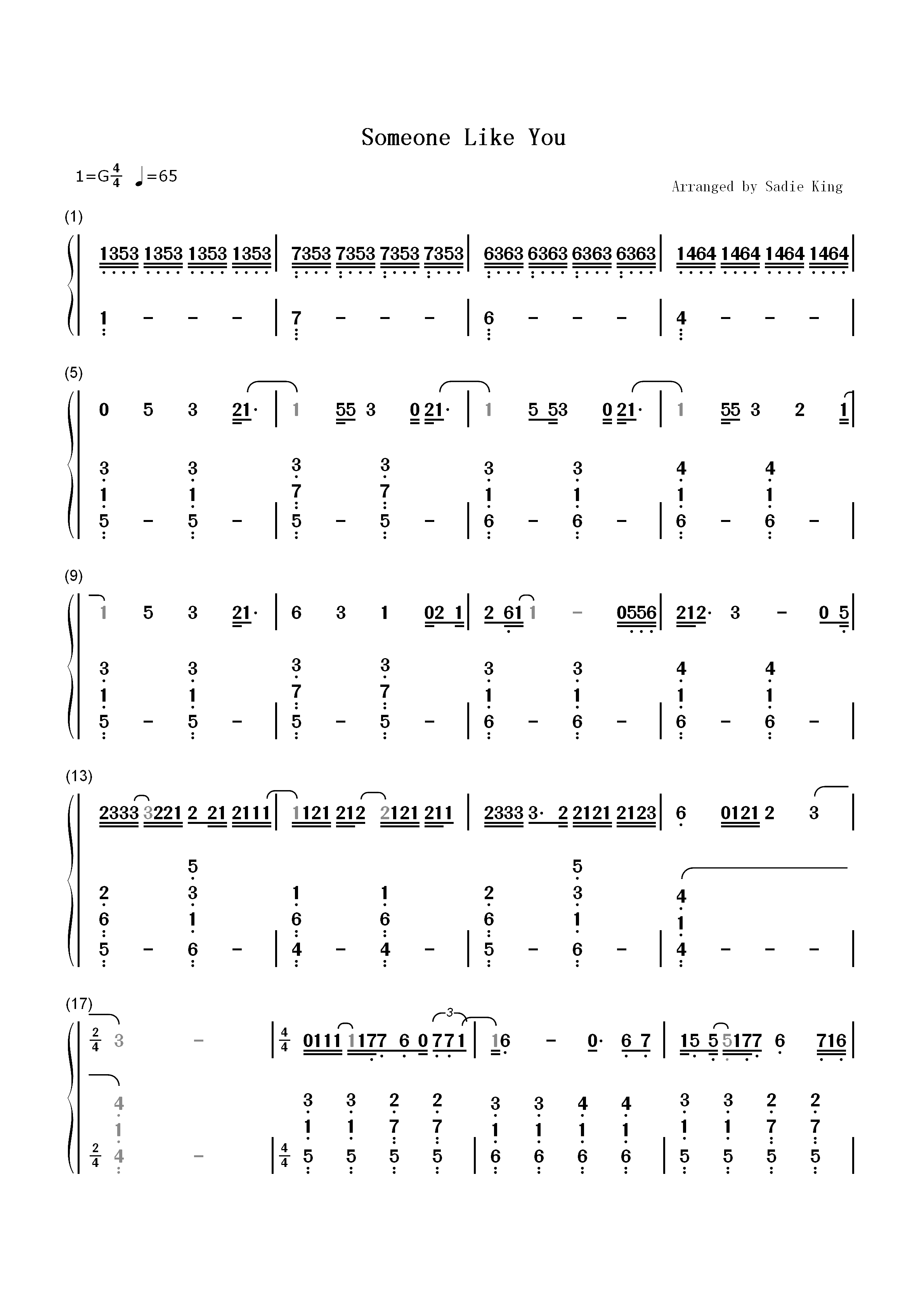 Someone Like You-简单版双手简谱预览1