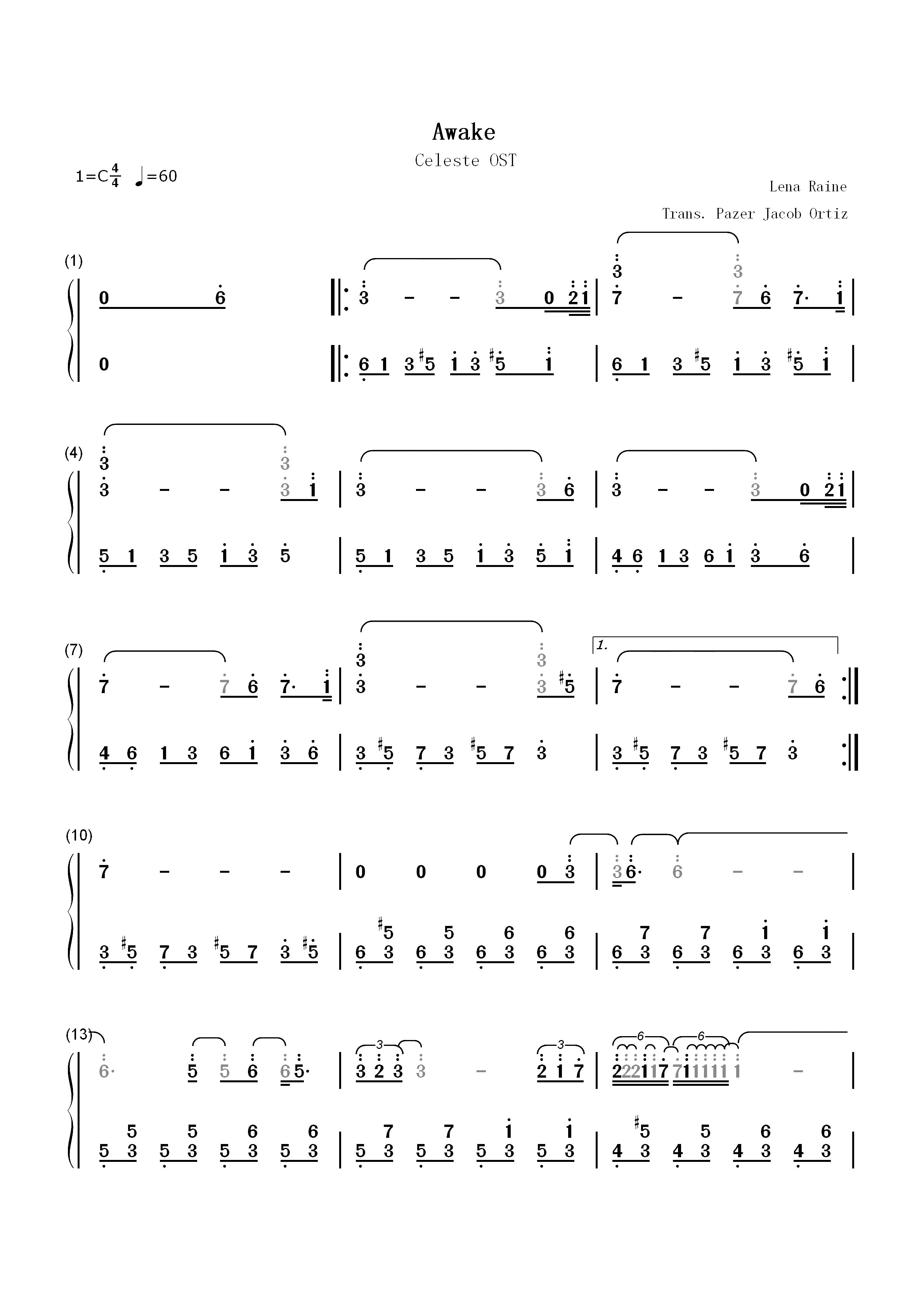 Awake-蔚蓝-Celeste双手简谱预览1
