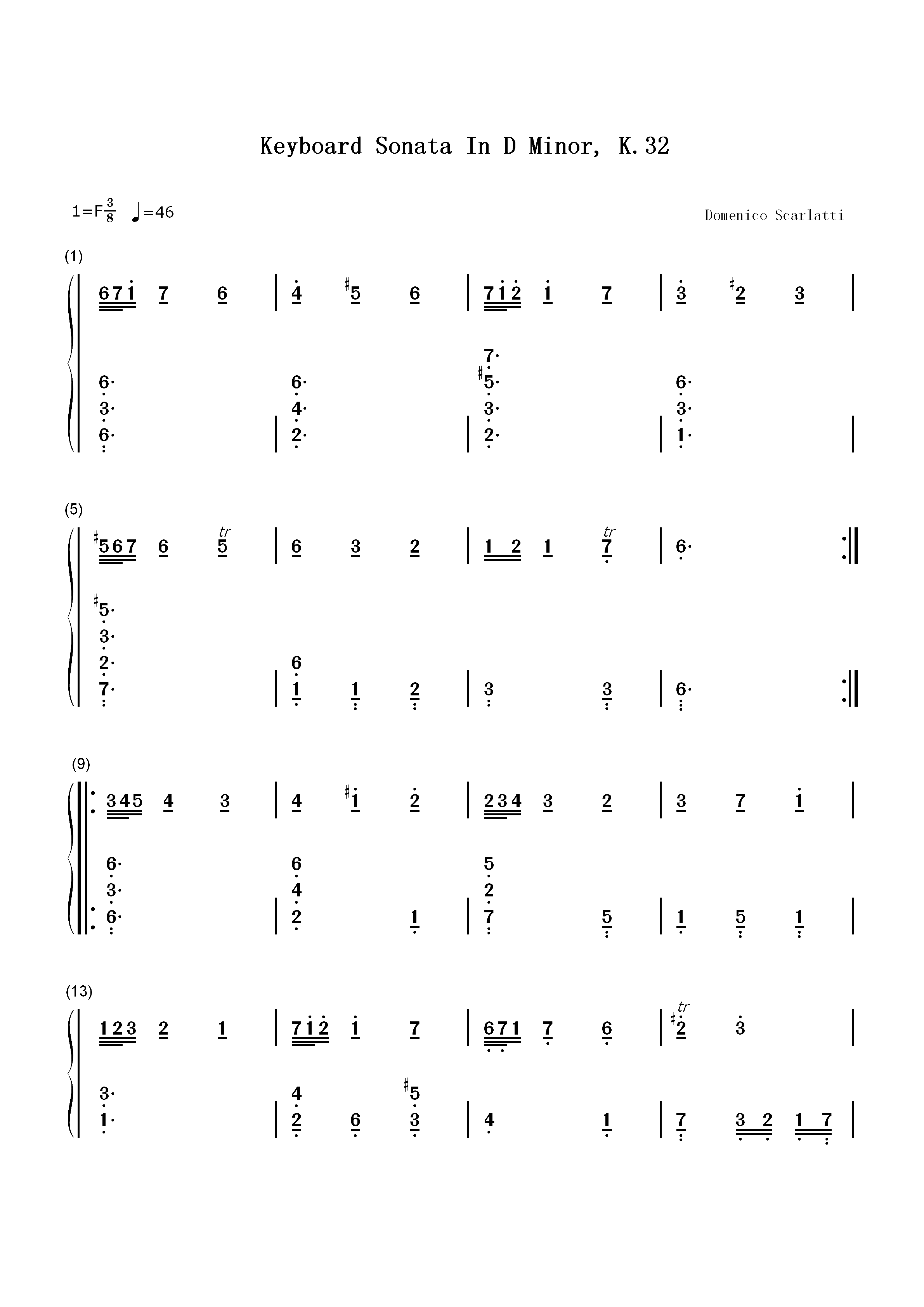 Keyboard Sonata In D Minor K 32-键盘奏鸣曲-D小调奏鸣曲双手简谱预览1