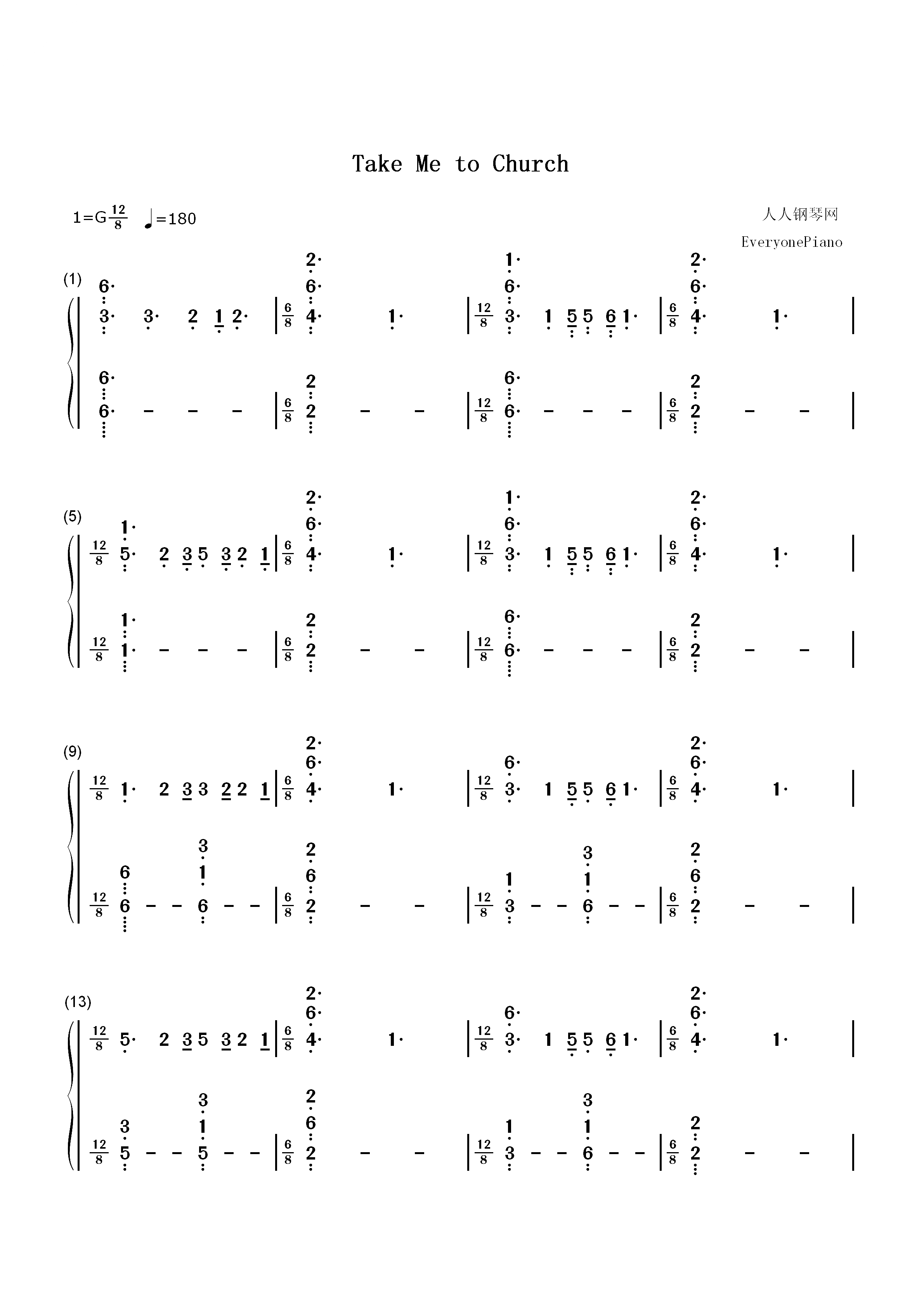 Take Me to Church-带我到教堂-演奏版双手简谱预览1